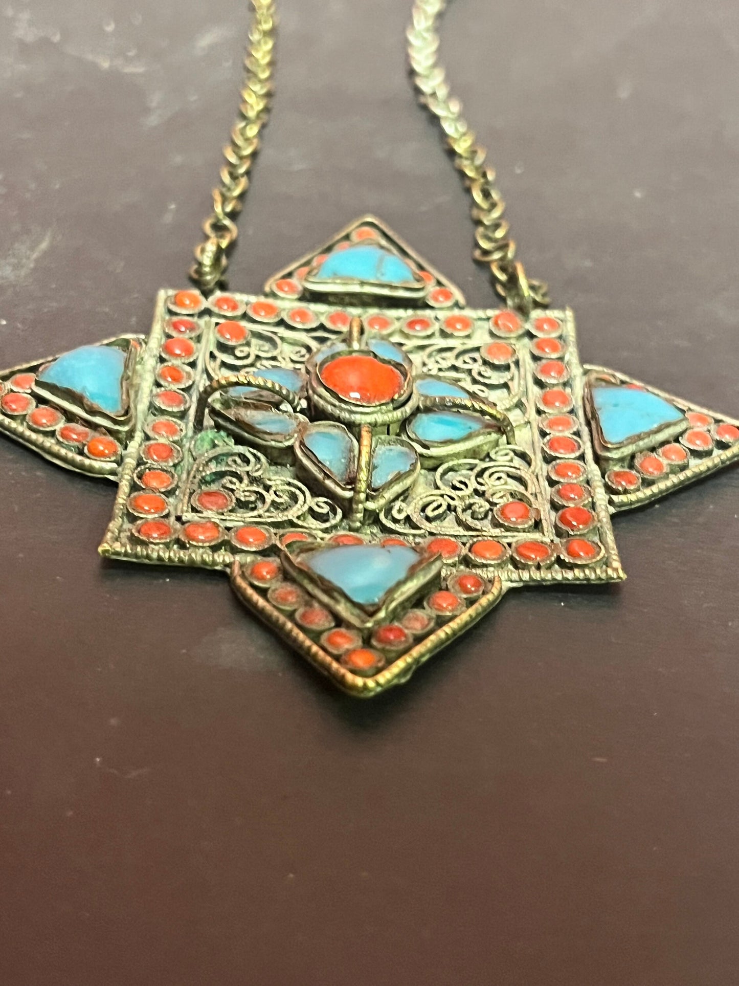 Stunning 4 inch antique Nepalese turquoise silver and coral pendant with part of chain  unbelievable quality