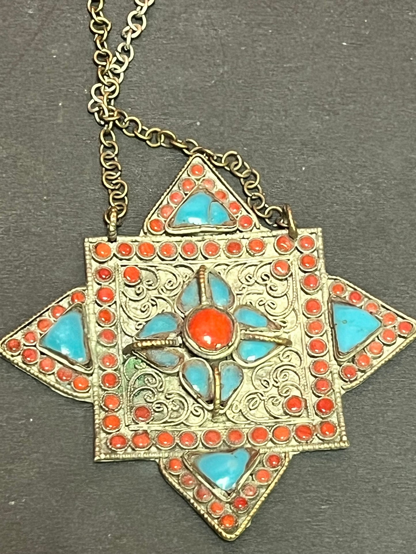 Stunning 4 inch antique Nepalese turquoise silver and coral pendant with part of chain  unbelievable quality