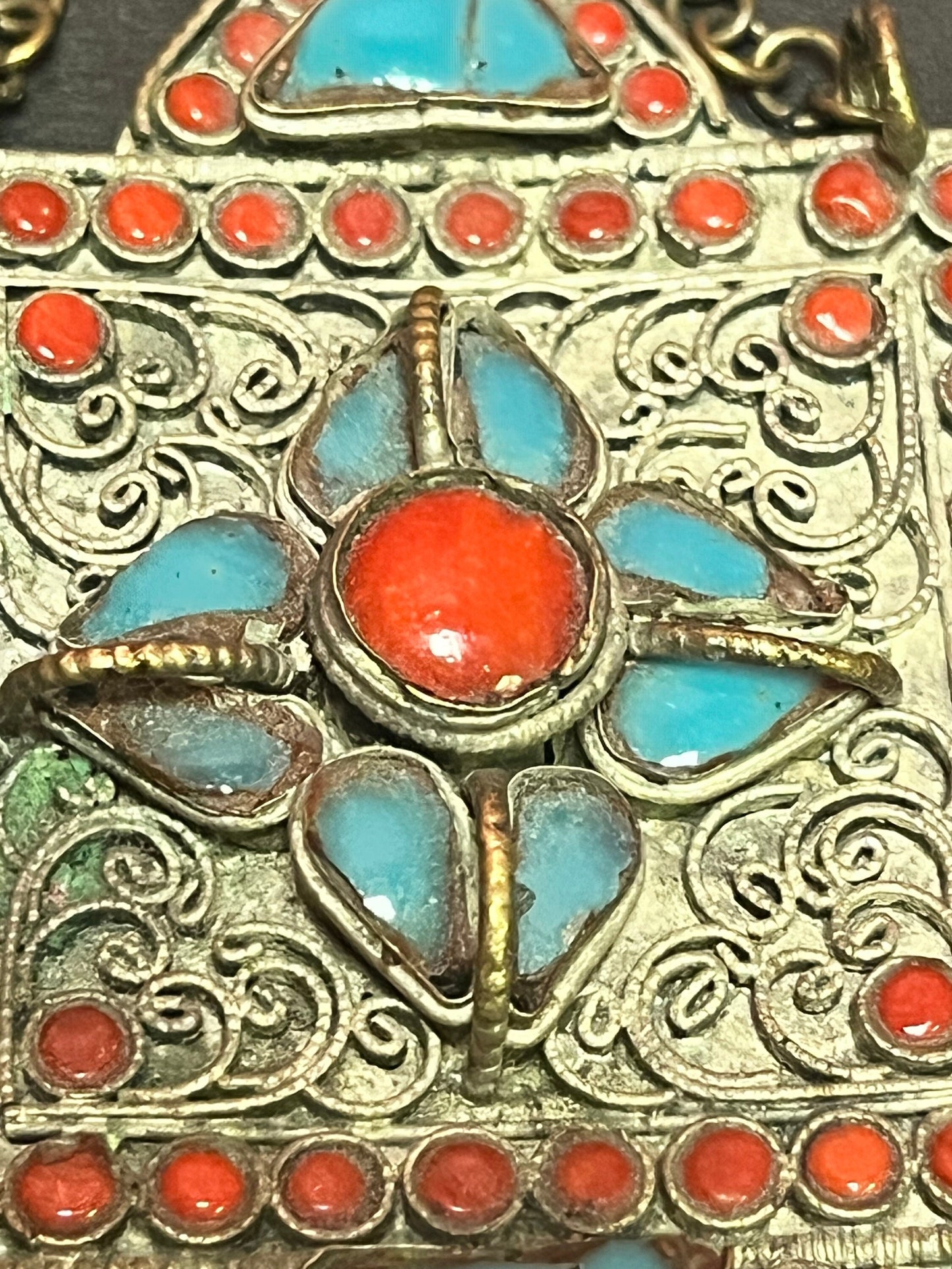 Stunning 4 inch antique Nepalese turquoise silver and coral pendant with part of chain  unbelievable quality