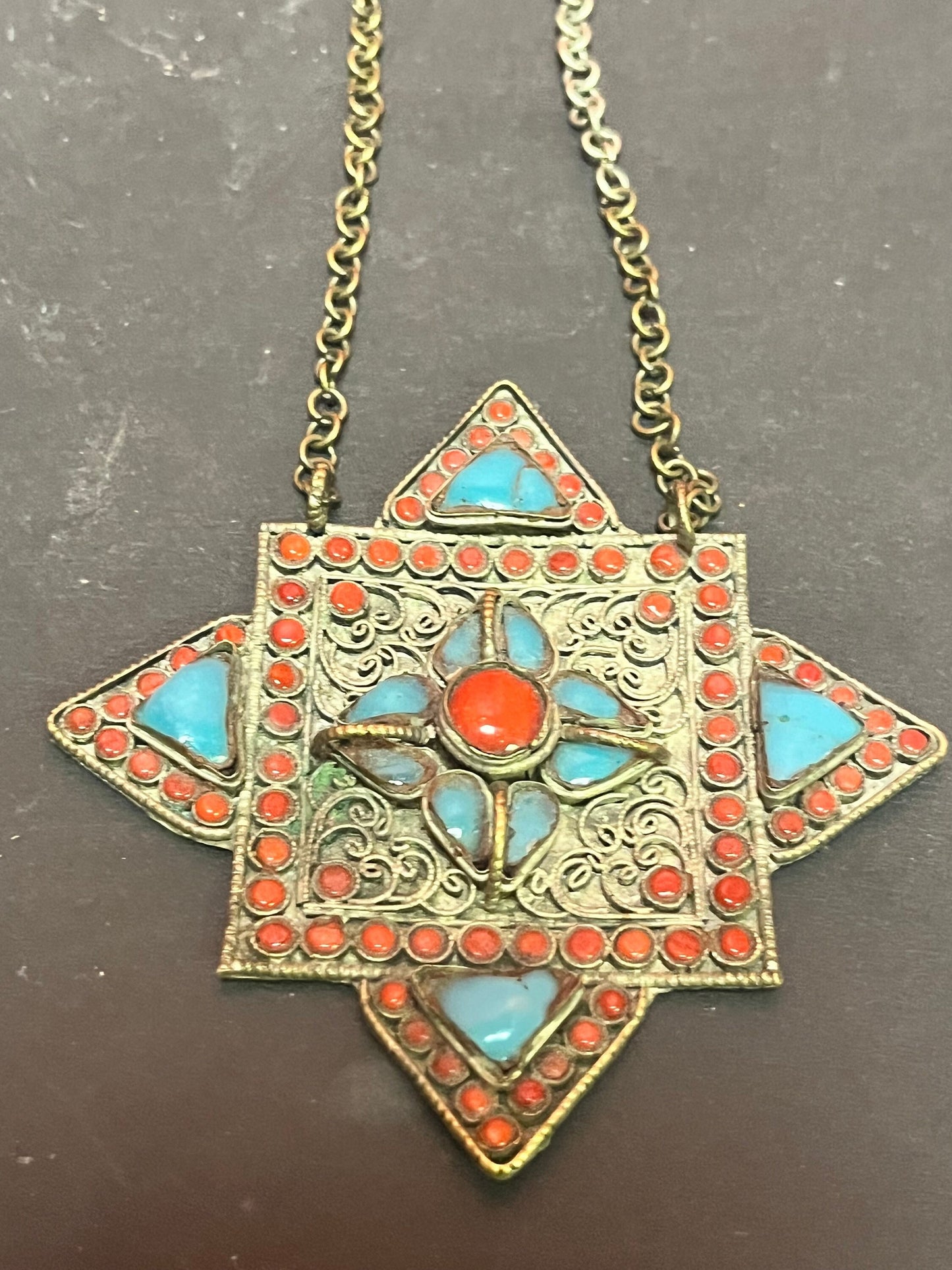 Stunning 4 inch antique Nepalese turquoise silver and coral pendant with part of chain  unbelievable quality
