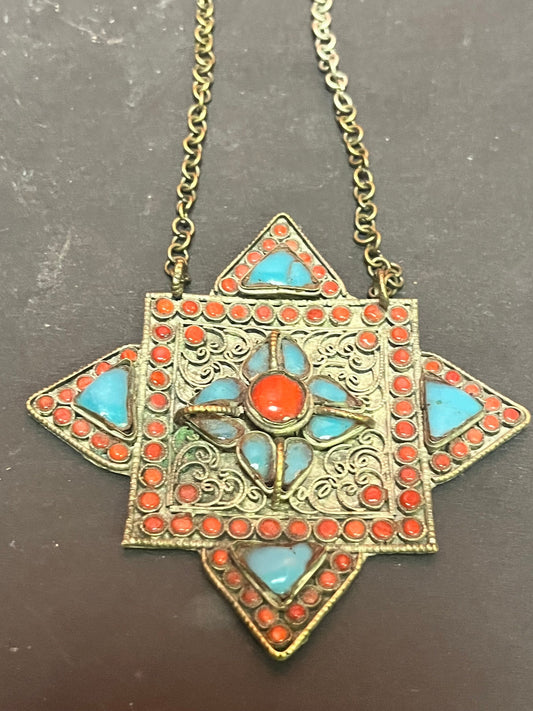Stunning 4 inch antique Nepalese turquoise silver and coral pendant with part of chain  unbelievable quality