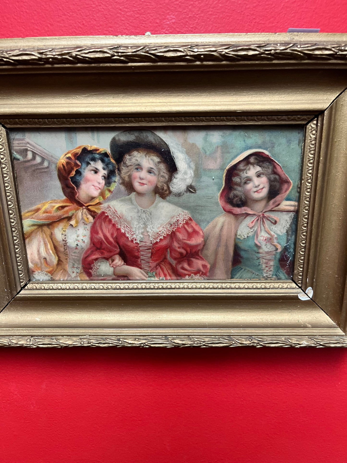 Antique 15 x 11 Victorian print of ladies in a fabulous gilt frame  lovely imagery
