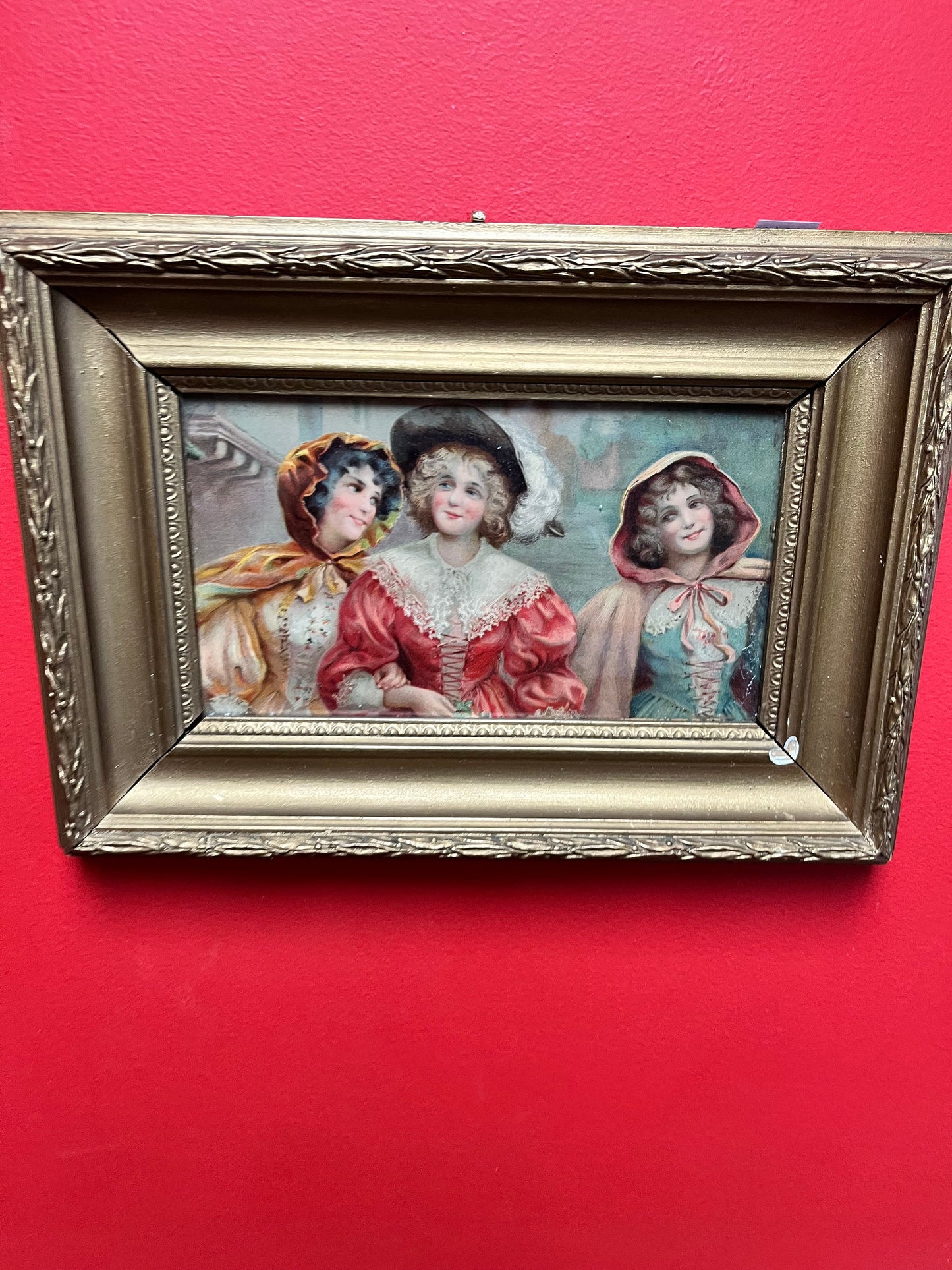 Antique 15 x 11 Victorian print of ladies in a fabulous gilt frame  lovely imagery