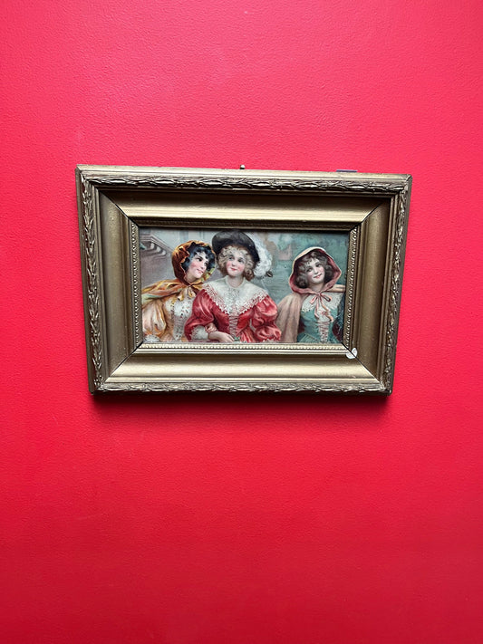 Antique 15 x 11 Victorian print of ladies in a fabulous gilt frame  lovely imagery