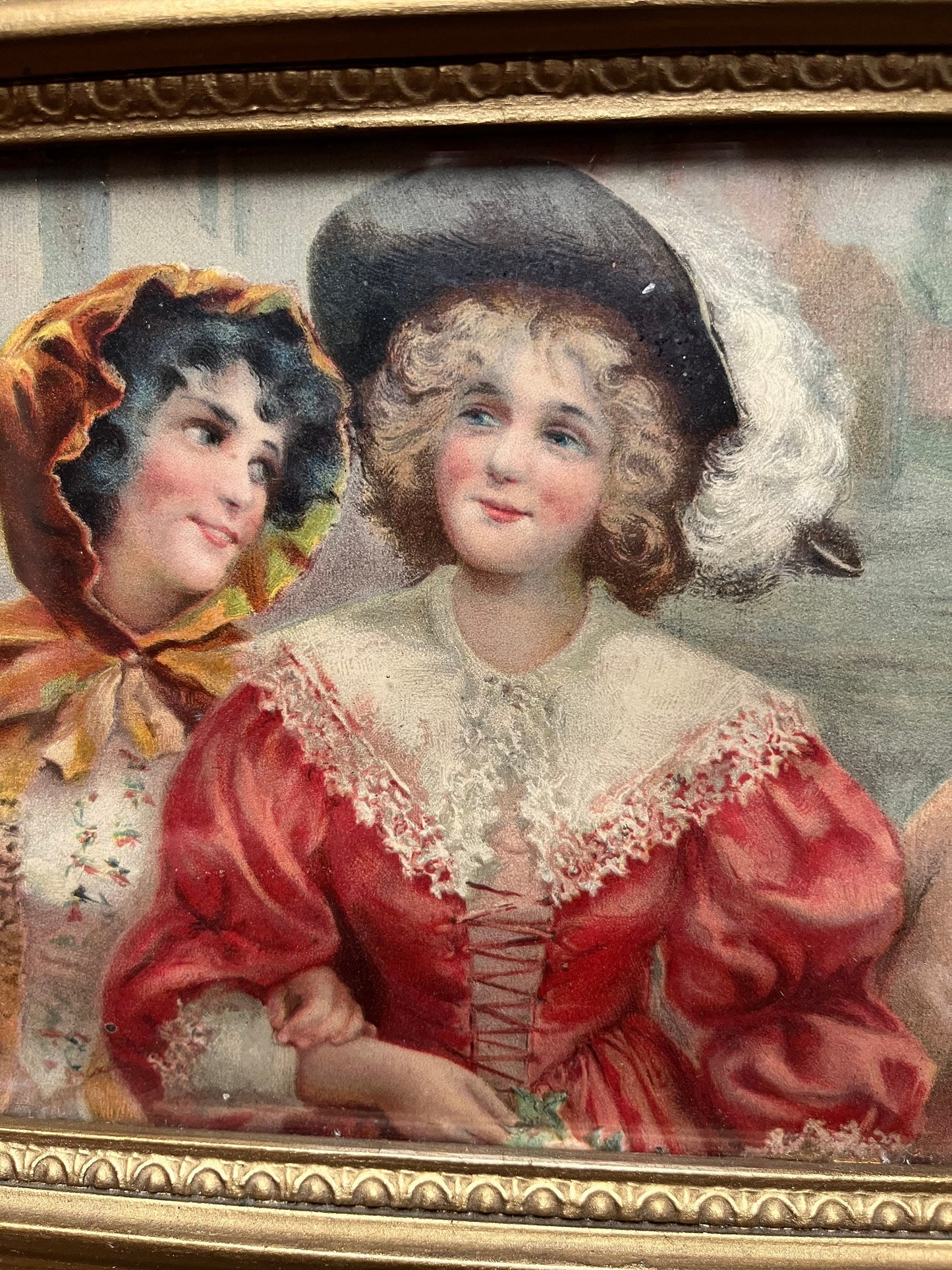 Antique 15 x 11 Victorian print of ladies in a fabulous gilt frame  lovely imagery