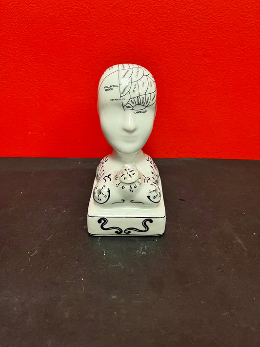 Wonderful 7 inch high vintage phrenology  head Inkwell  perfect condition with original lid wow