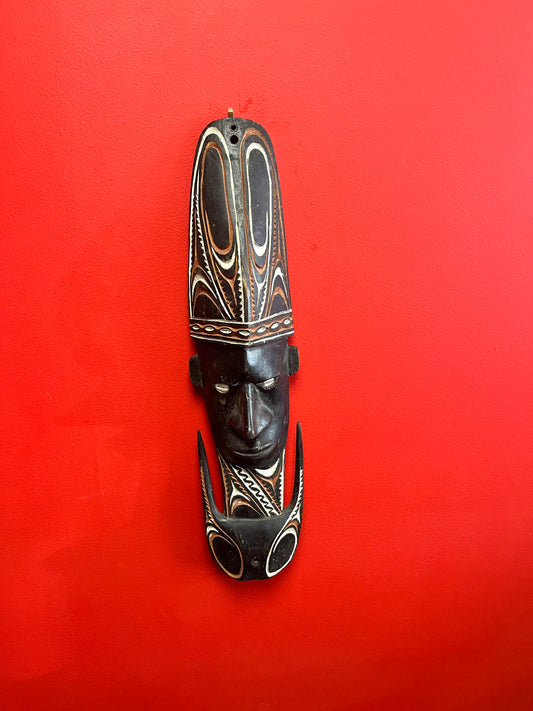 Antique Papua New Guinea 23 inch long mask with shell eyes   amazing condition and great look  oceanic historical piece