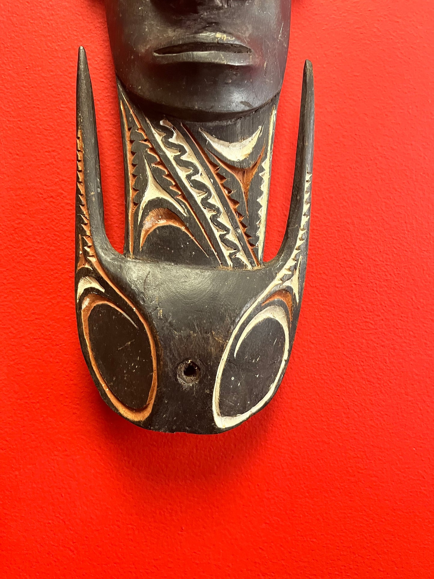 Antique Papua New Guinea 23 inch long mask with shell eyes   amazing condition and great look  oceanic historical piece