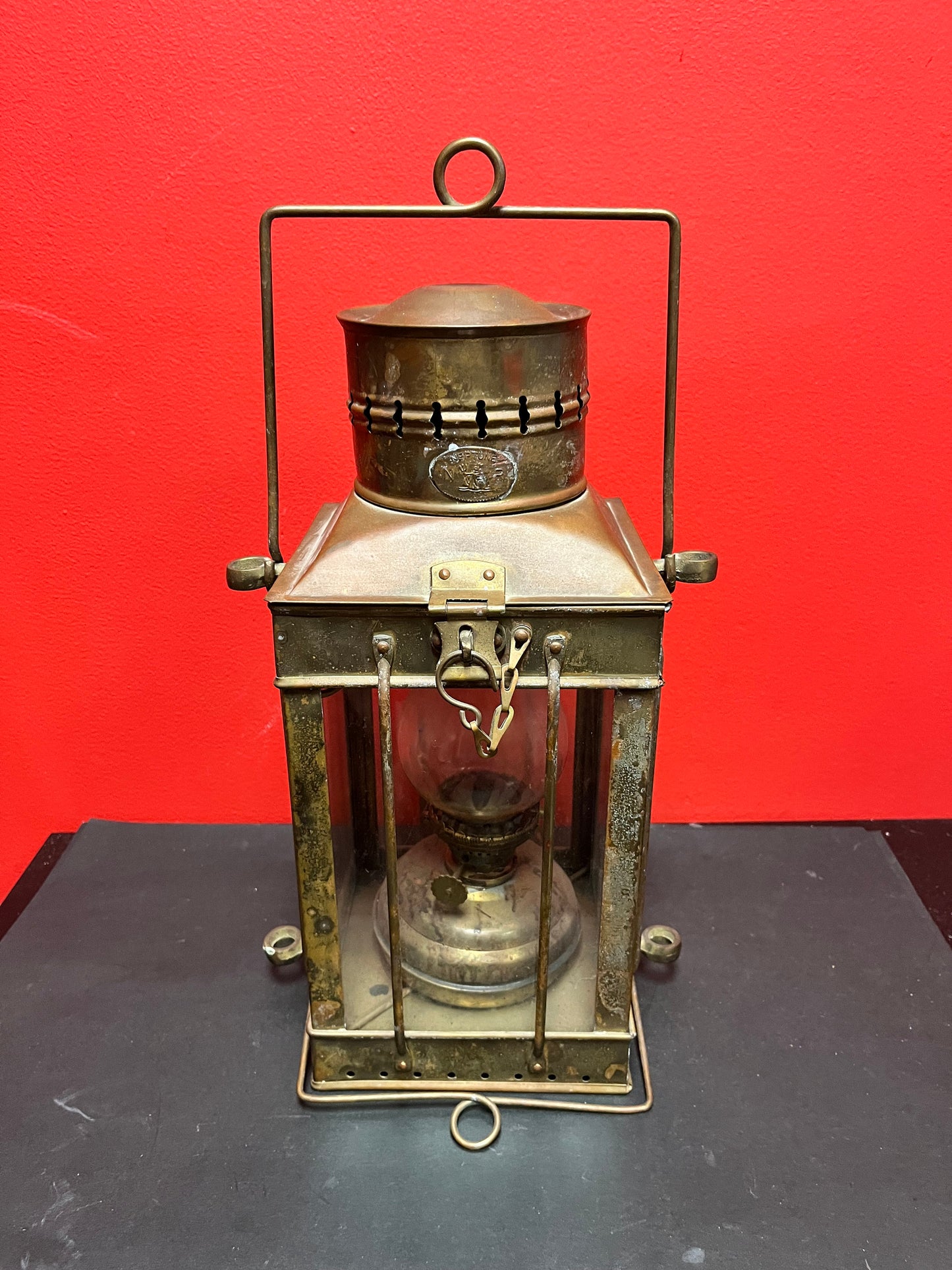 Stunning 17 inch tall antique mint condition Marine brass ships lantern with original glass shade  Neptune company