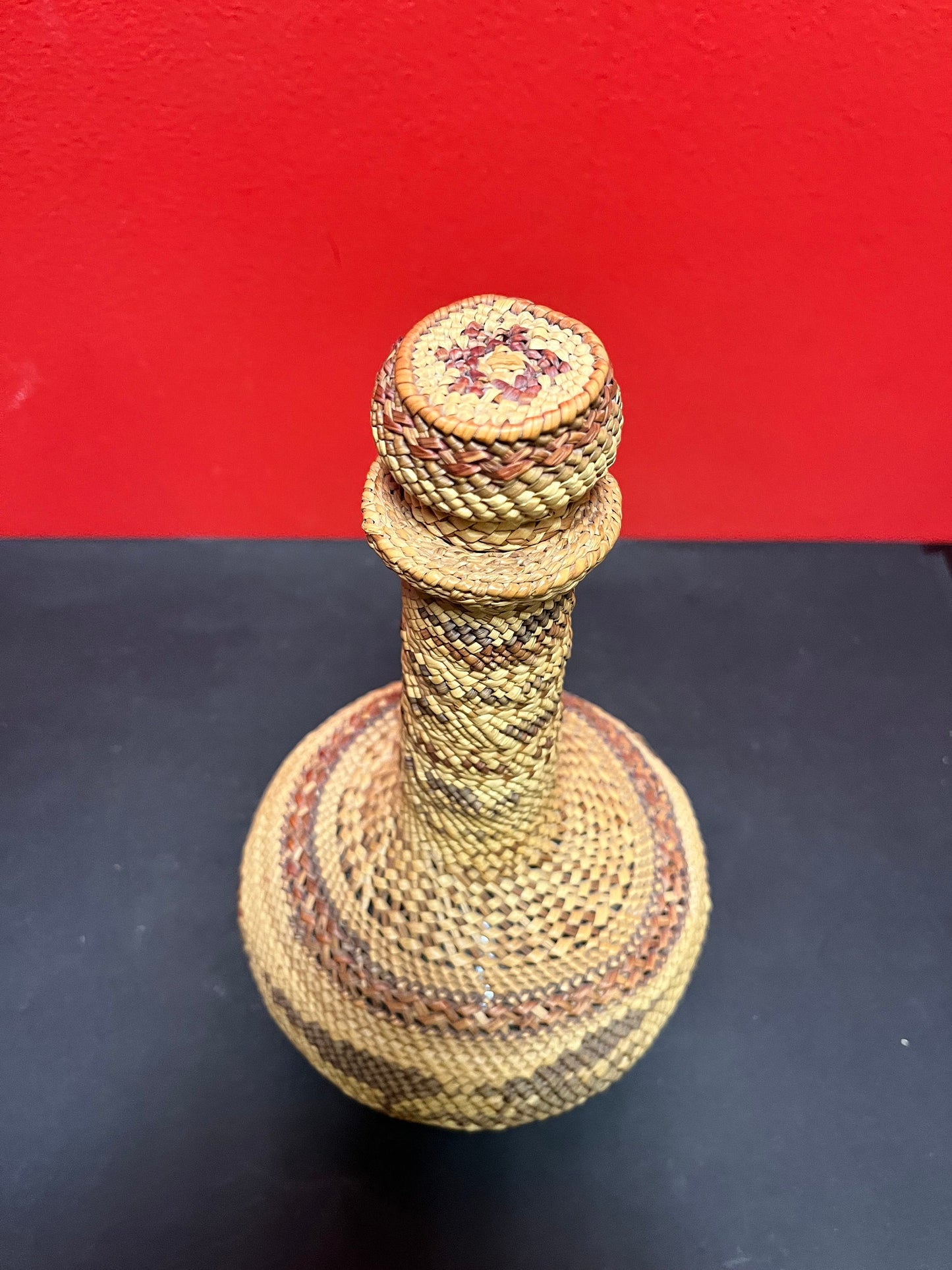 A  Fabulous indigenous first nations coast Salish weaved basket bottle fabulous imagery and  great condition wow