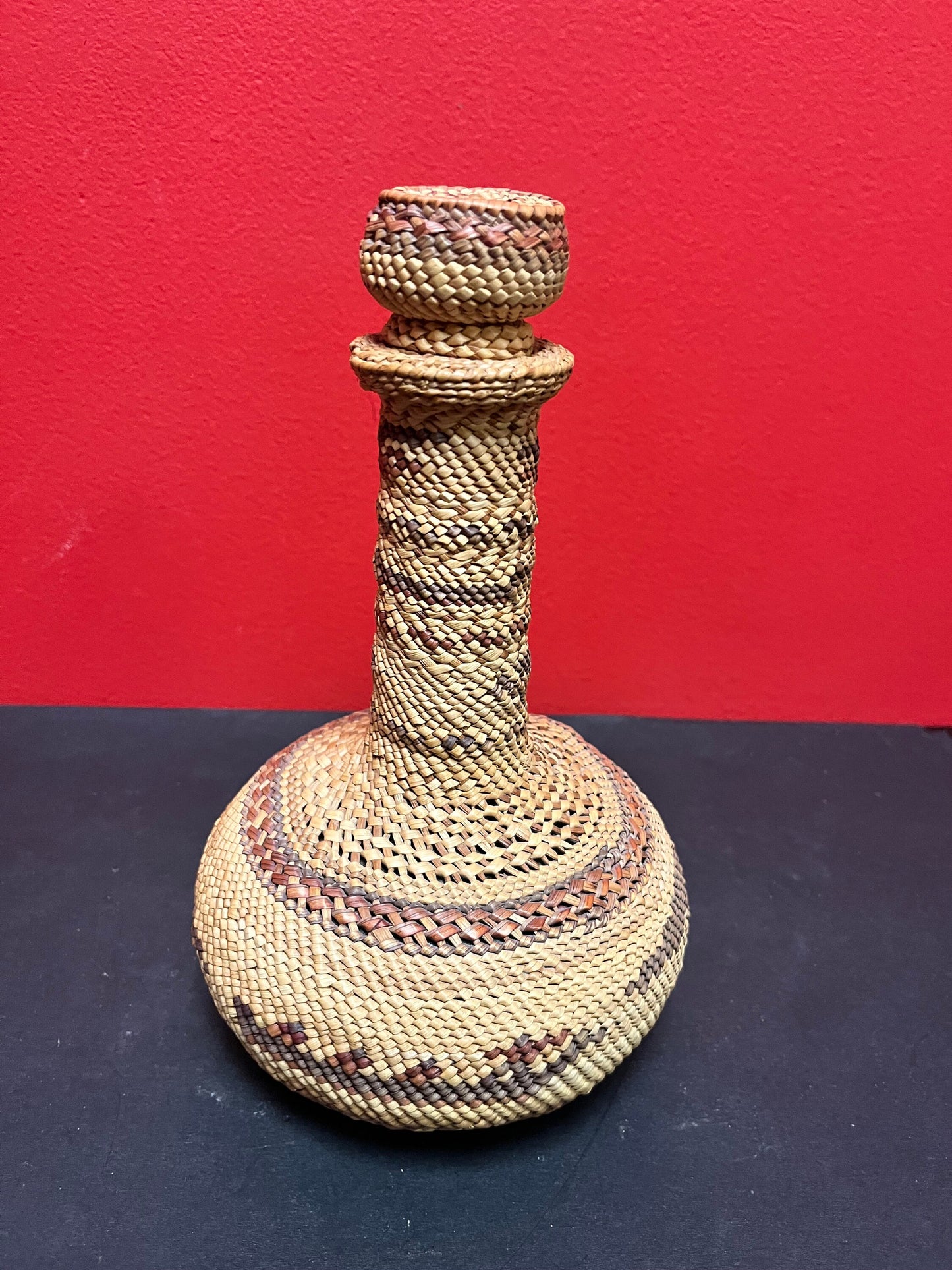 A  Fabulous indigenous first nations coast Salish weaved basket bottle fabulous imagery and  great condition wow