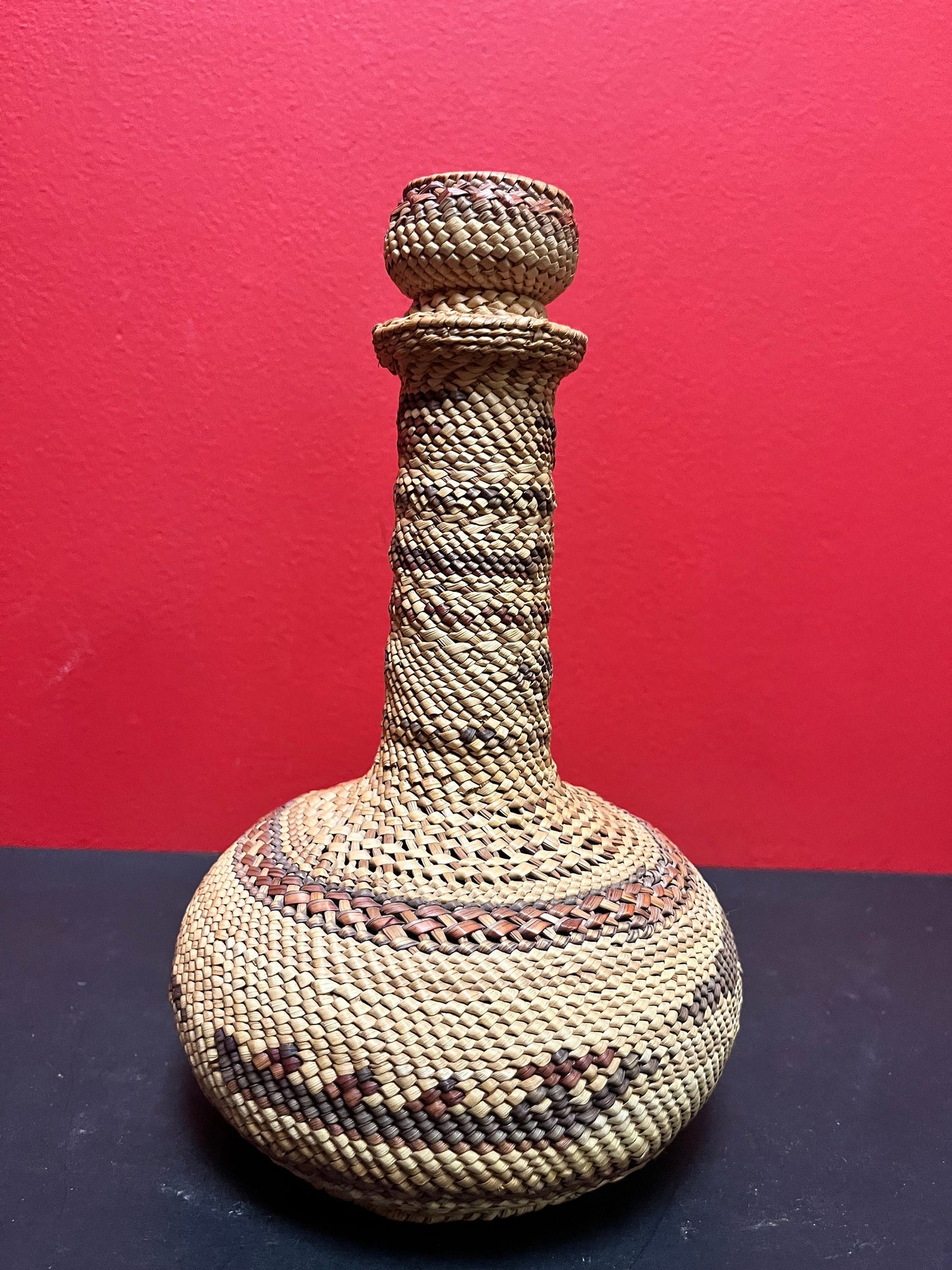 A  Fabulous indigenous first nations coast Salish weaved basket bottle fabulous imagery and  great condition wow