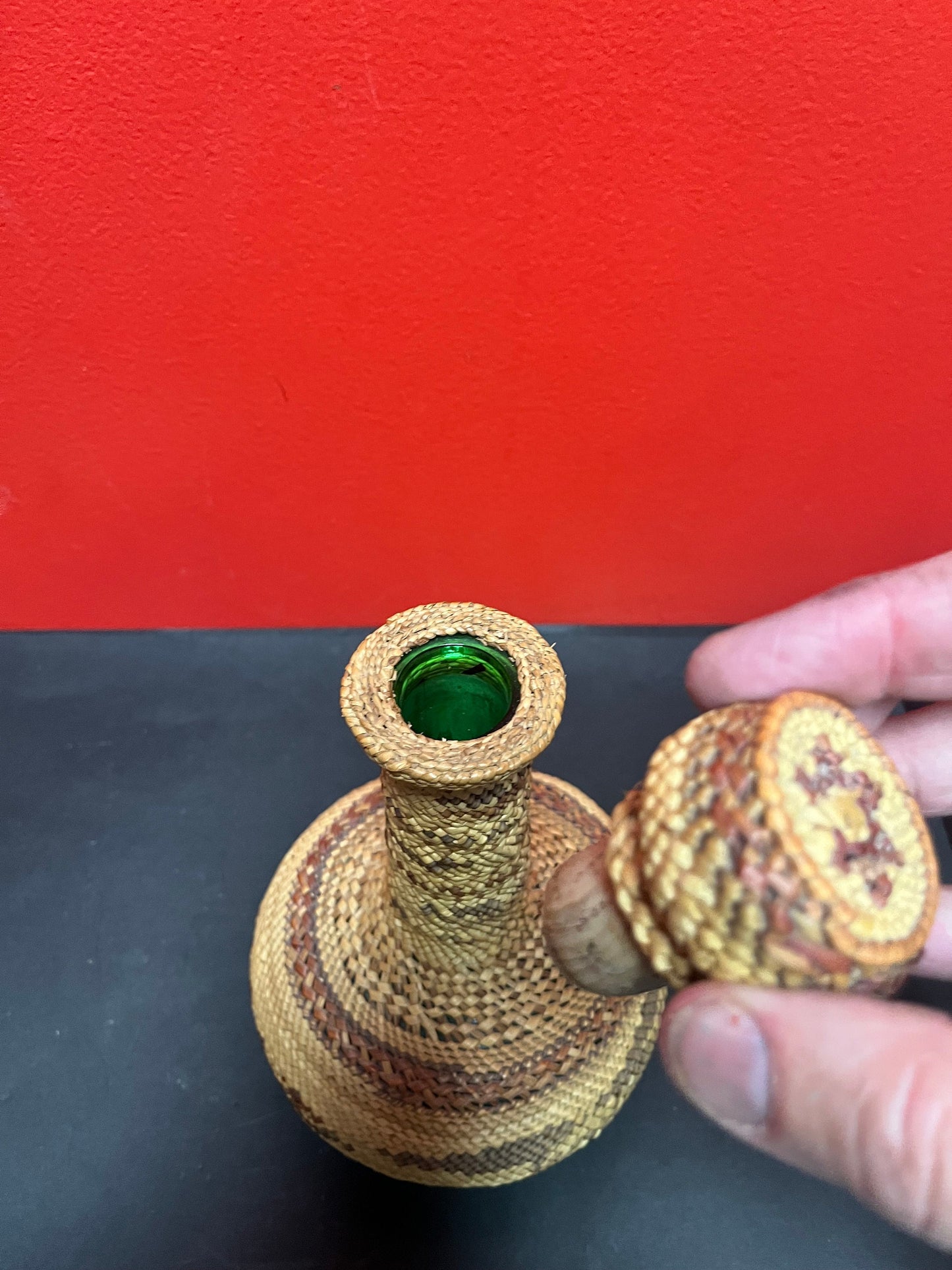 A  Fabulous indigenous first nations coast Salish weaved basket bottle fabulous imagery and  great condition wow