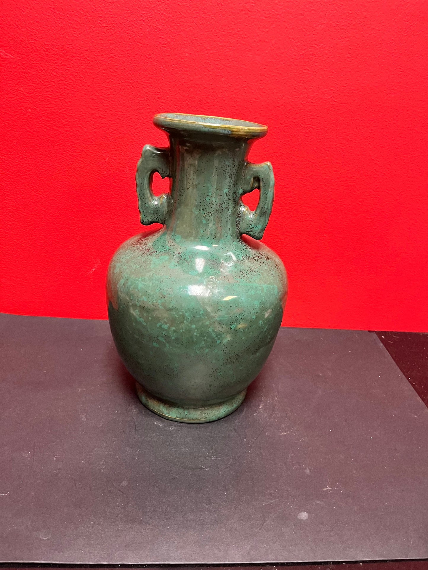 A  Stunning Chinese 13 inch tall antique Ming dynasty style double handled vase  impressive size and good condition intense glaze