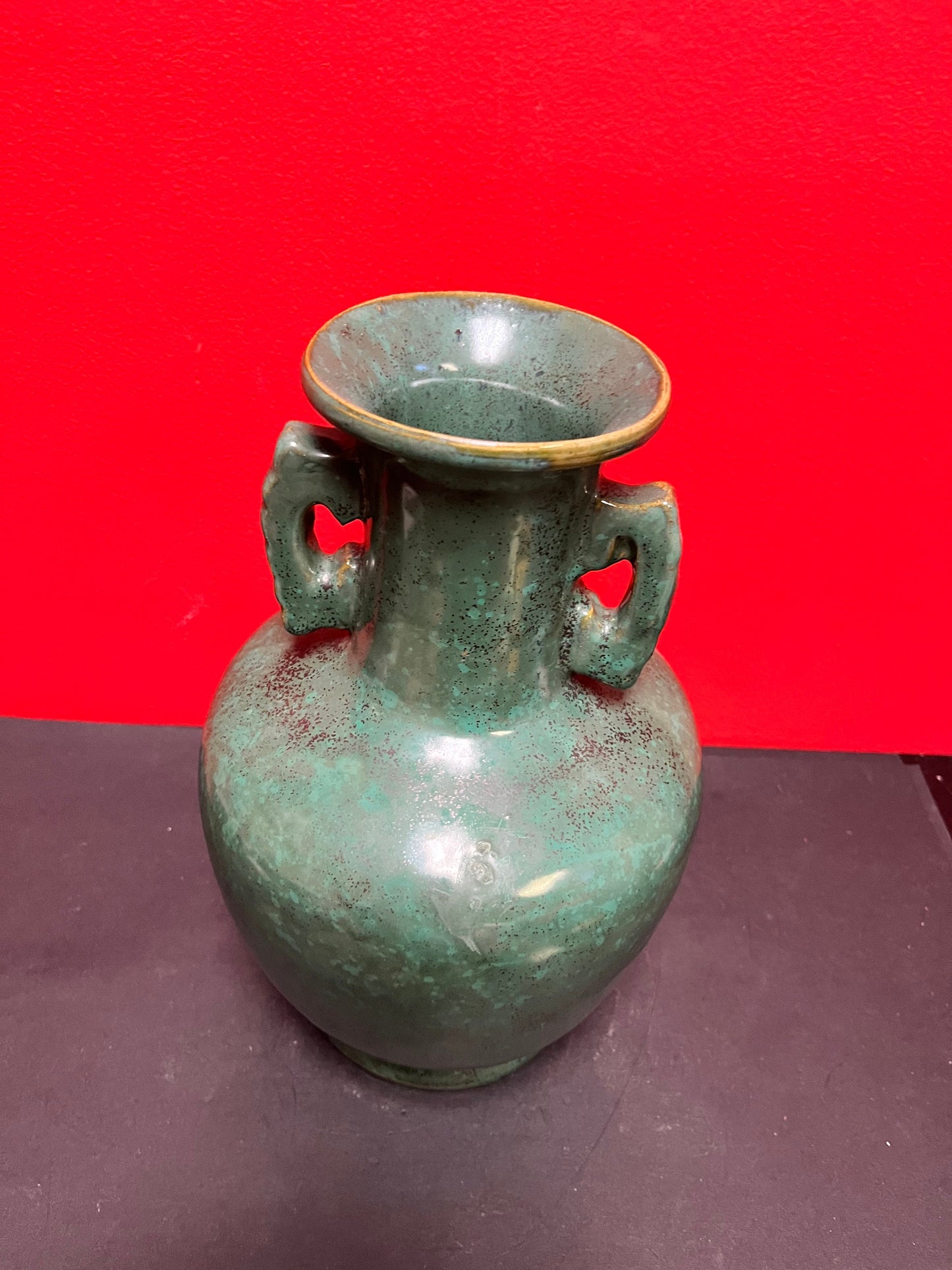 A  Stunning Chinese 13 inch tall antique Ming dynasty style double handled vase  impressive size and good condition intense glaze