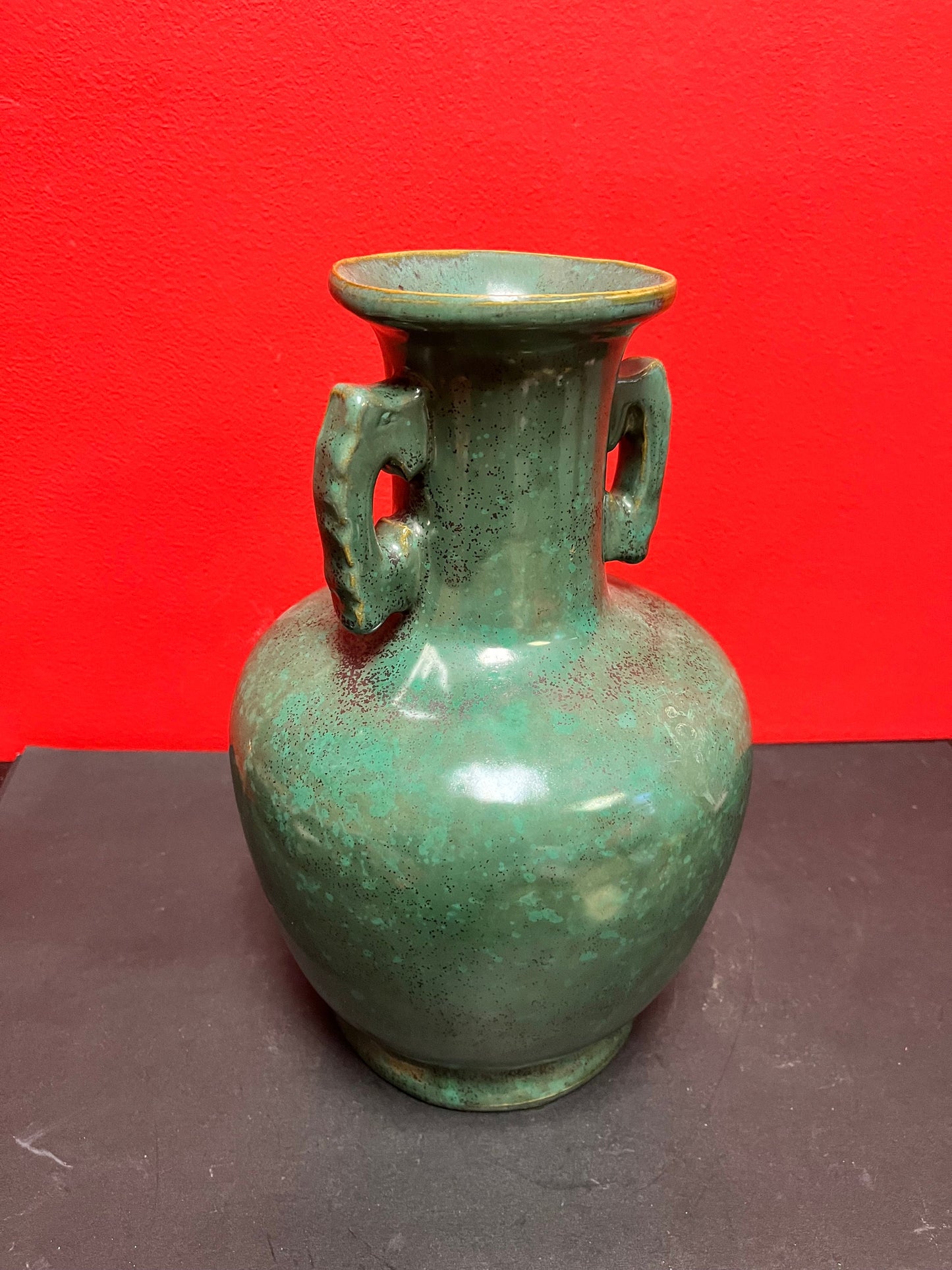 A  Stunning Chinese 13 inch tall antique Ming dynasty style double handled vase  impressive size and good condition intense glaze