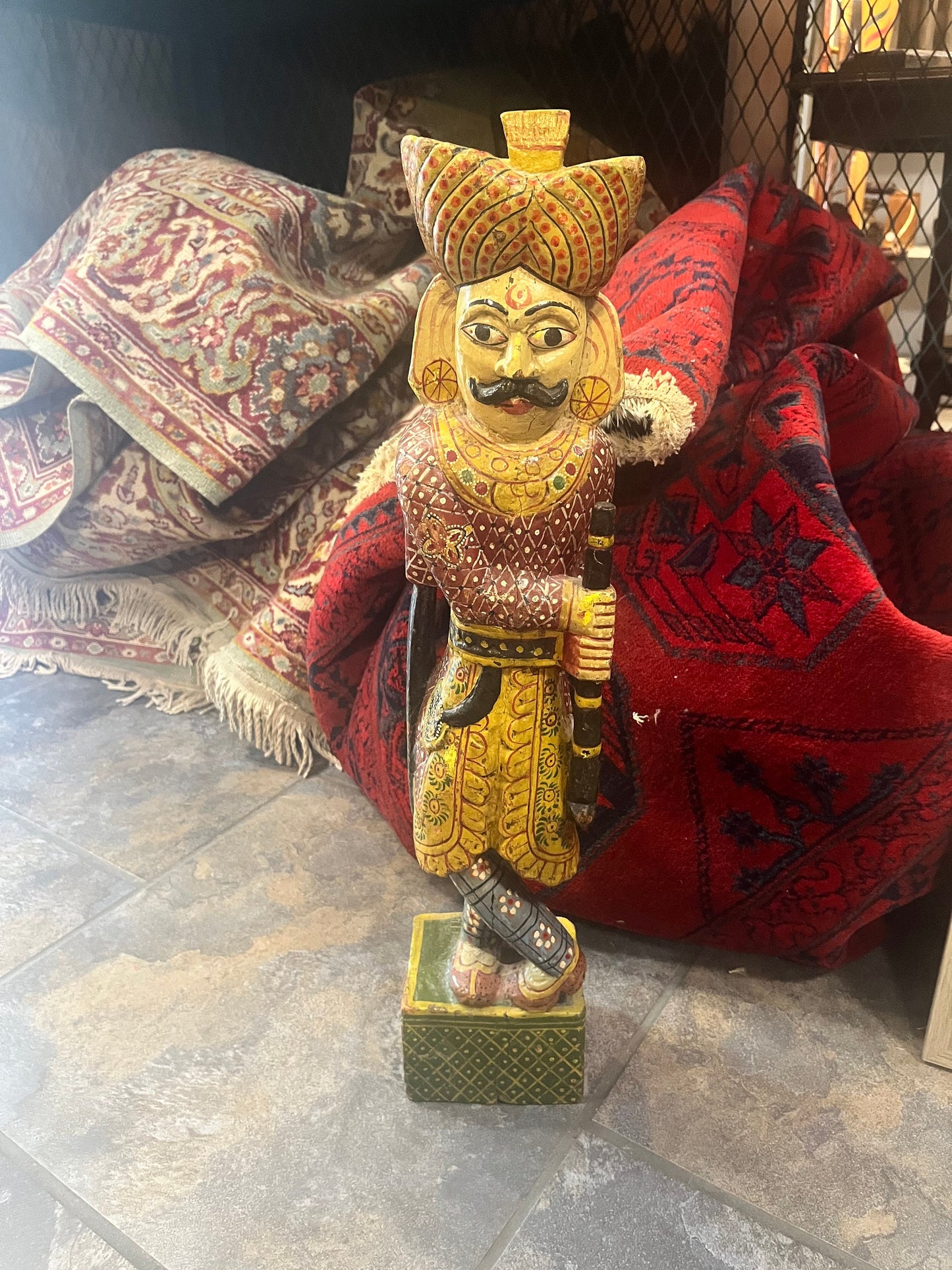 Stunning Kashmir polychrome painted antique wooden statue  amazing detail  chip on top