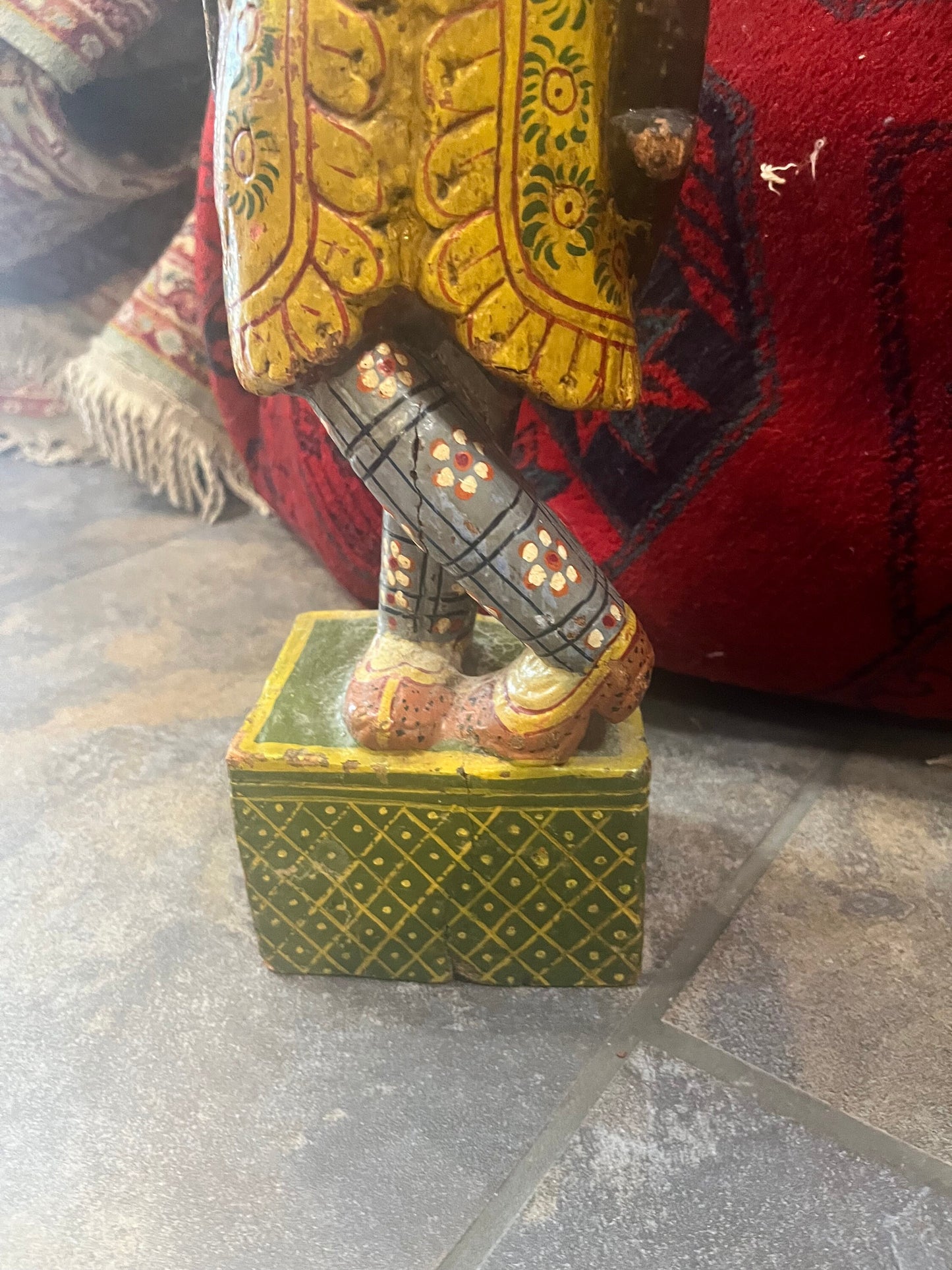 Stunning Kashmir polychrome painted antique wooden statue  amazing detail  chip on top