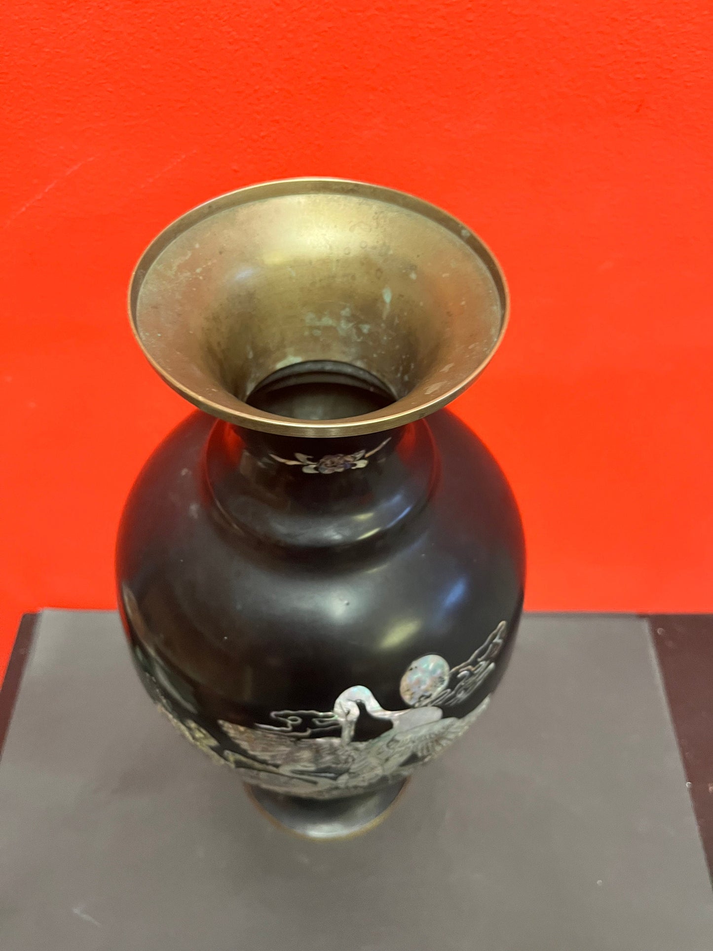 Stunning Japanese brass lacquer and mother of pearl vase  great imagery  19 inches tall  statement piece