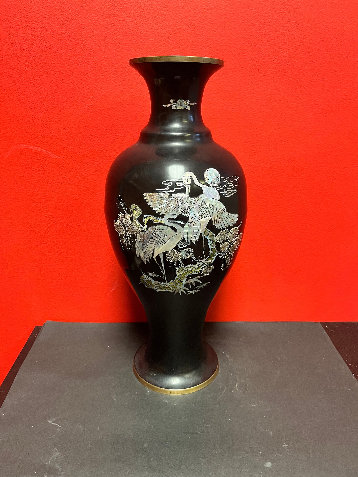 Stunning Japanese brass lacquer and mother of pearl vase  great imagery  19 inches tall  statement piece