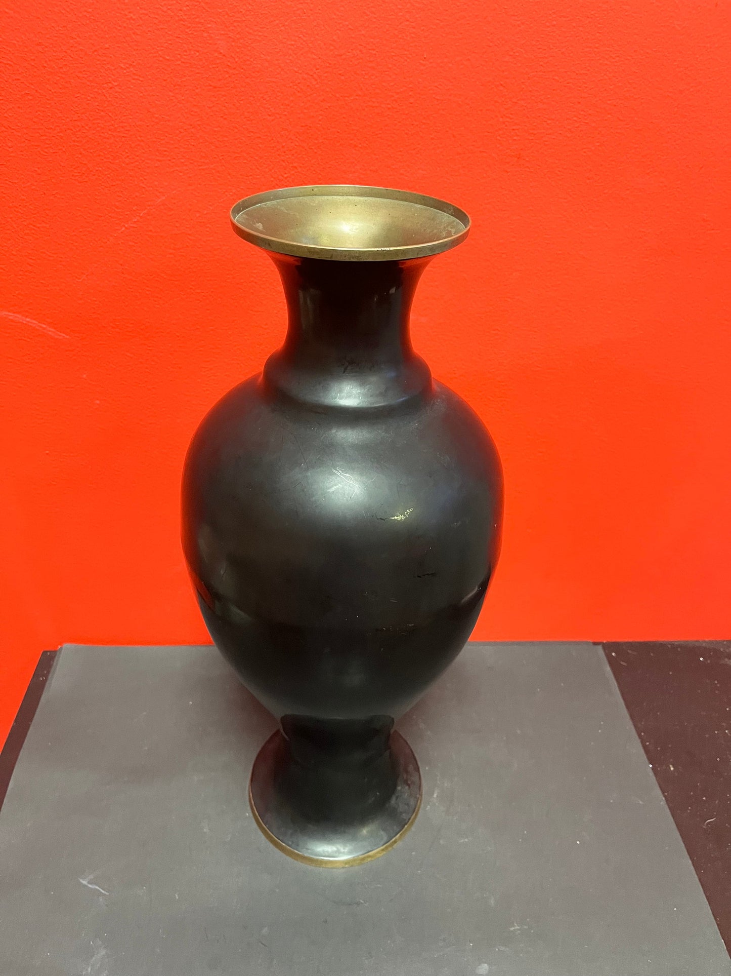 Stunning Japanese brass lacquer and mother of pearl vase  great imagery  19 inches tall  statement piece