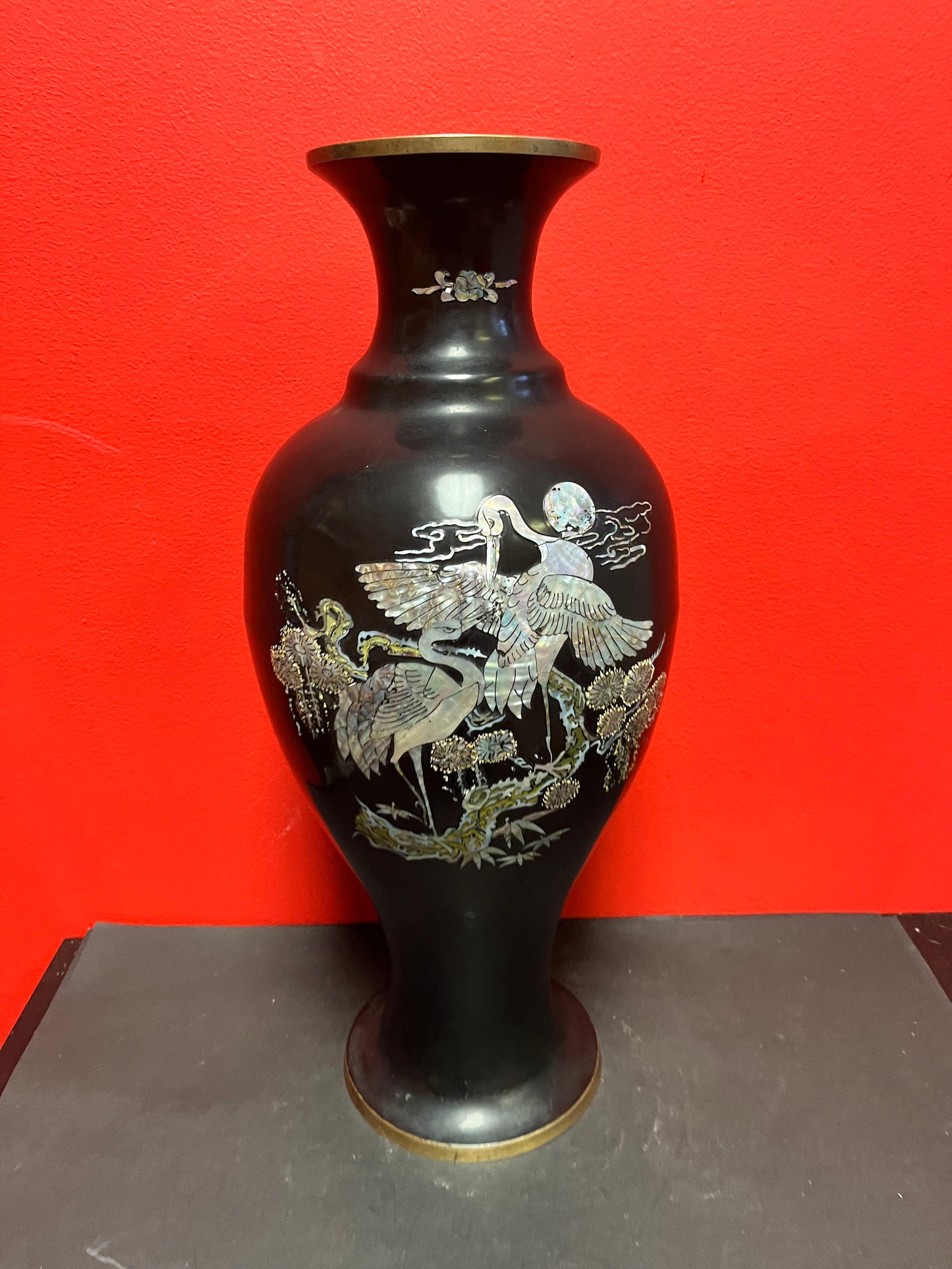 Stunning Japanese brass lacquer and mother of pearl vase  great imagery  19 inches tall  statement piece
