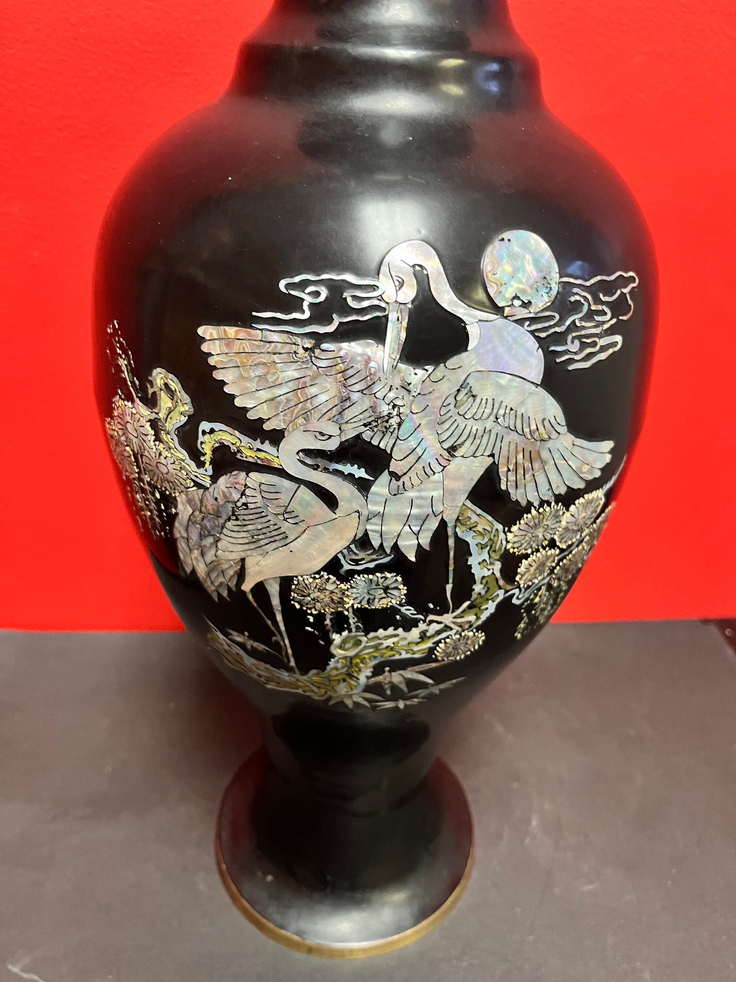 Stunning Japanese brass lacquer and mother of pearl vase  great imagery  19 inches tall  statement piece