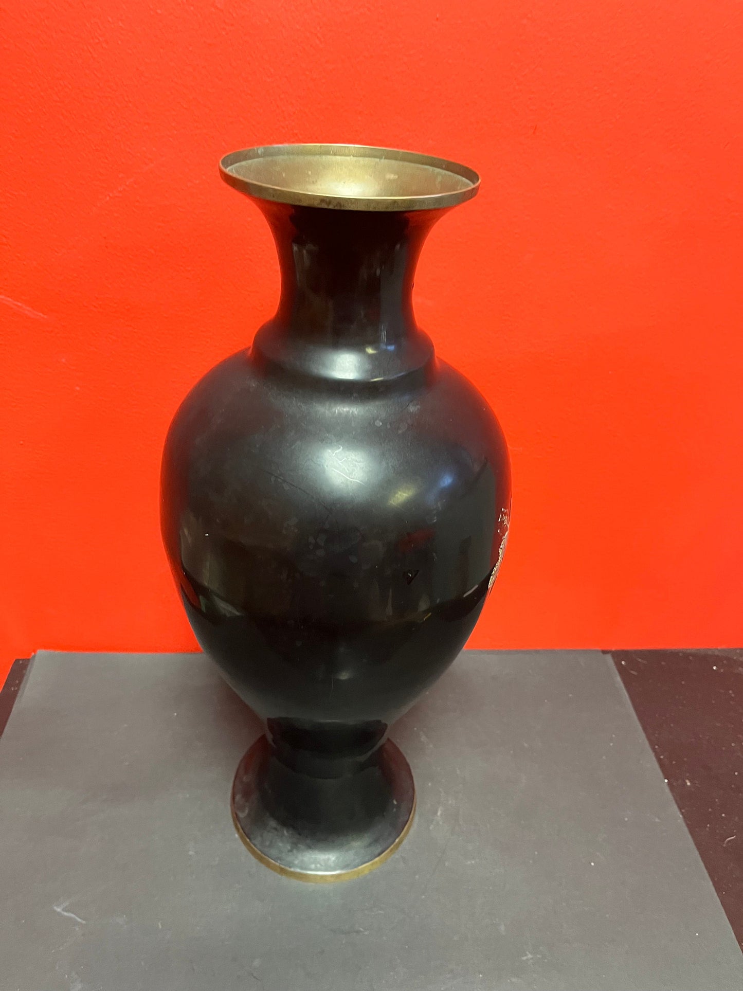 Stunning Japanese brass lacquer and mother of pearl vase  great imagery  19 inches tall  statement piece