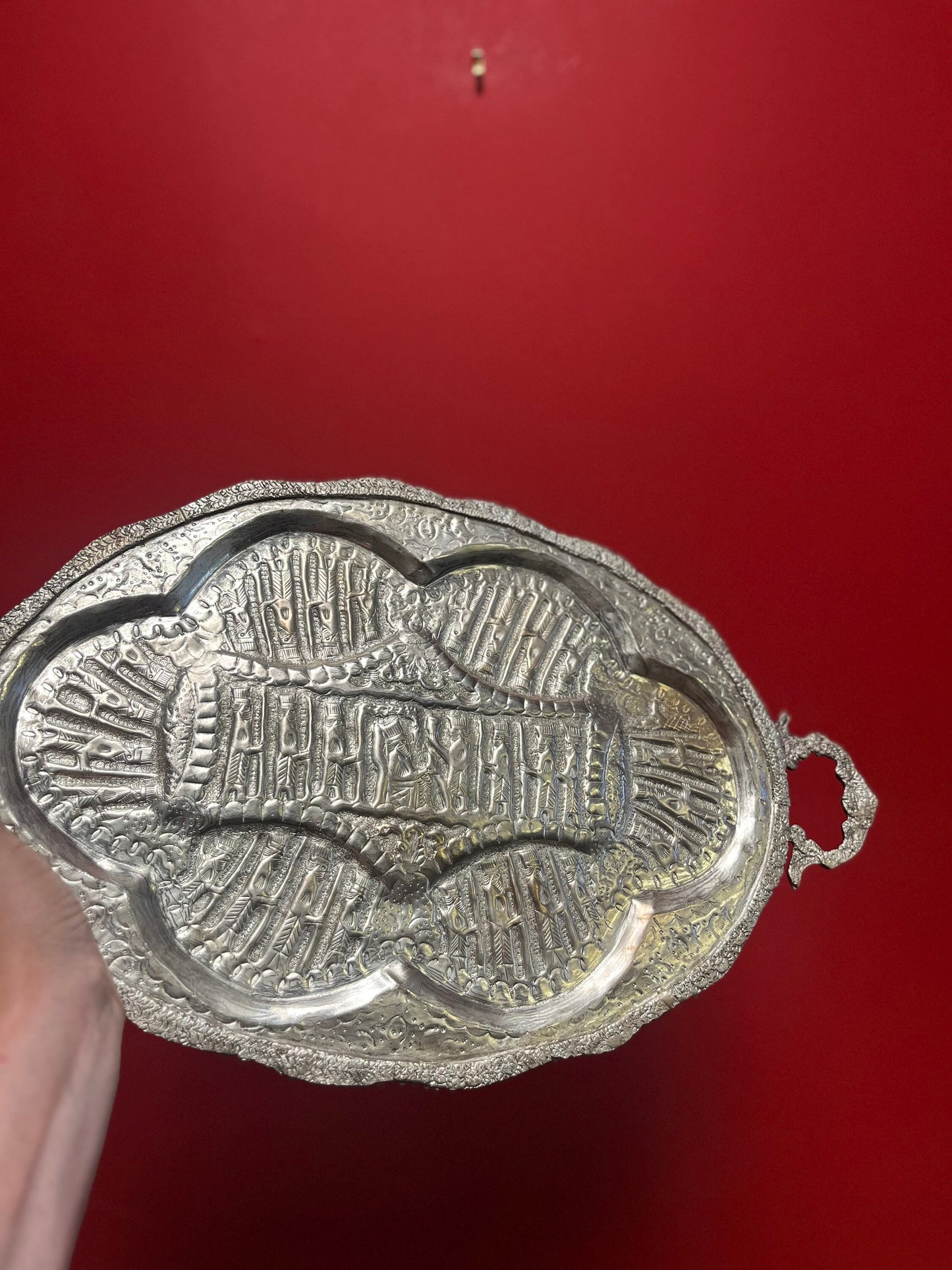 Beautiful antique 19 x 11 untested, silver Persian heavily decorated serving tray  wonderful gift and great price