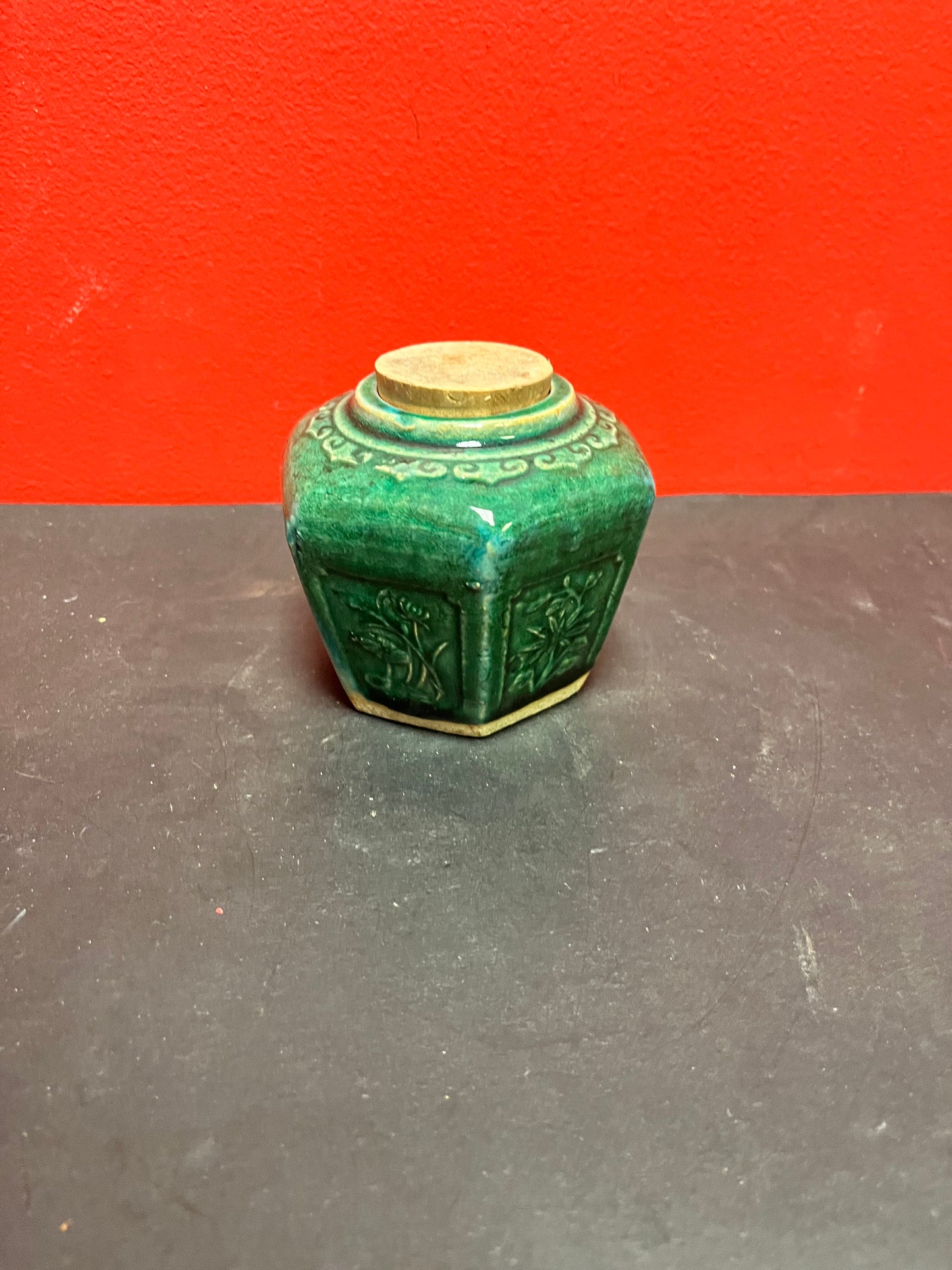 Older 4 inch tall, Chinese glazed ginger jar with lid -