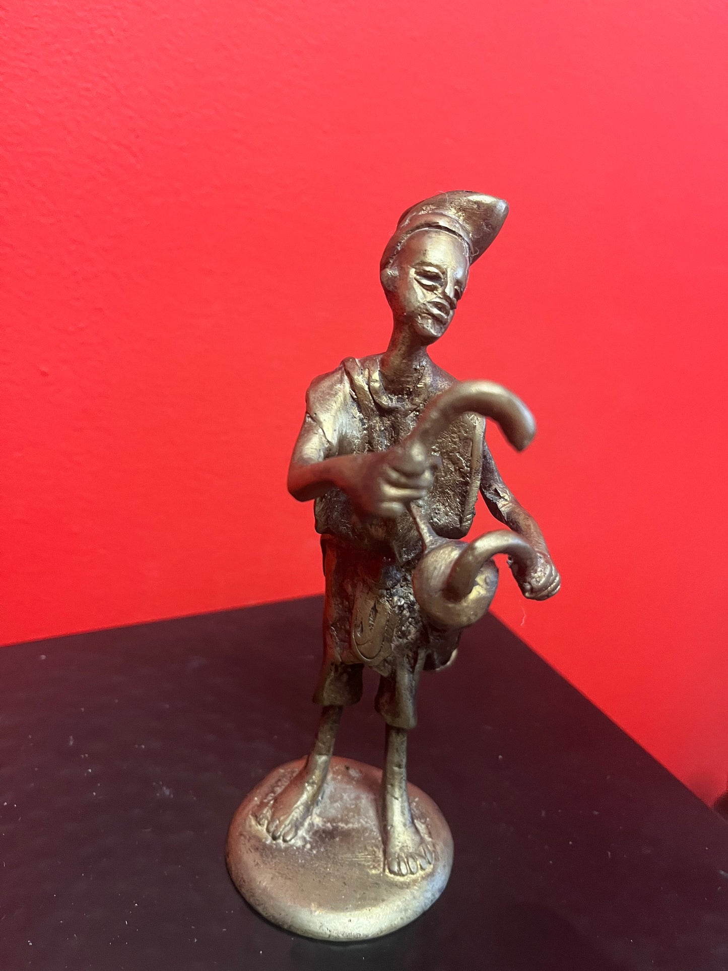 7 inch tall African bronze Ashanti musical statue  great patina and value