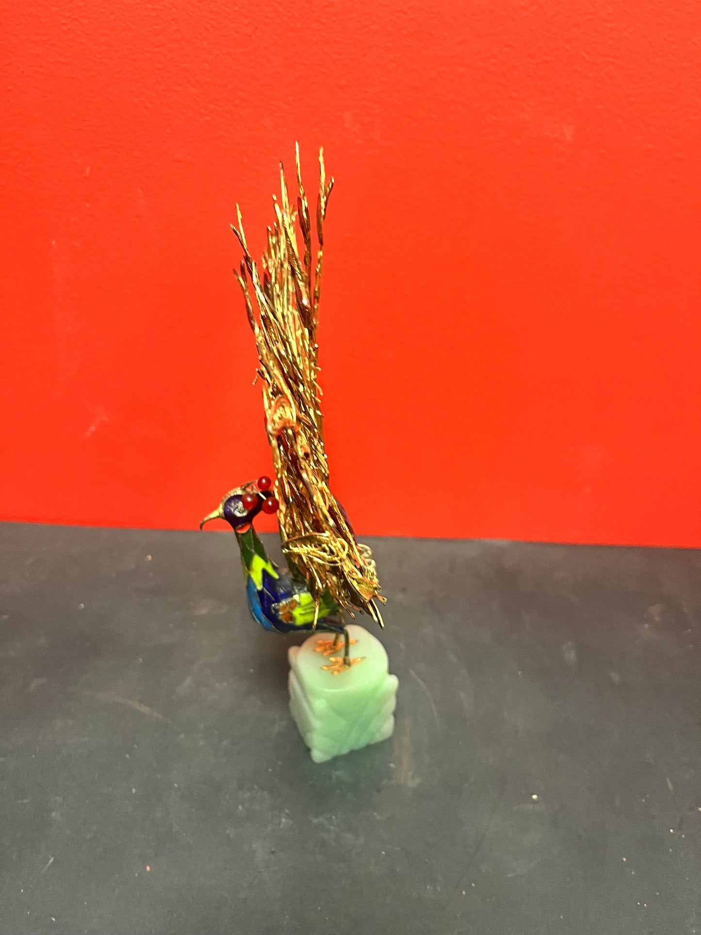 Stunning 12 inch tall Chinese older enamel gold filigree Peacock on Jade stand  little loose on base  wonderful detailing and condition