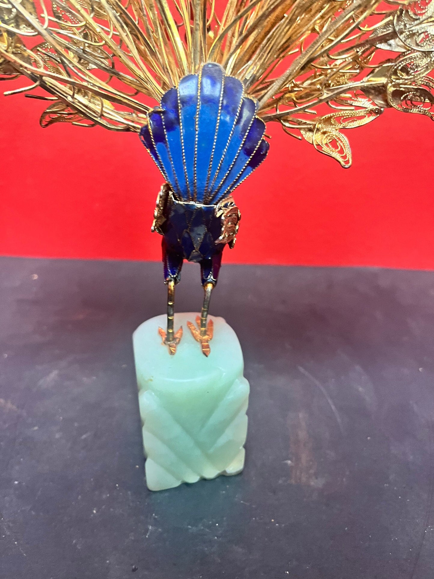 Stunning 12 inch tall Chinese older enamel gold filigree Peacock on Jade stand  little loose on base  wonderful detailing and condition