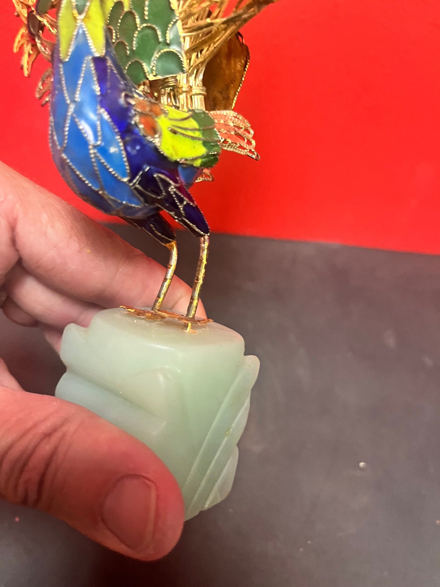 Stunning 12 inch tall Chinese older enamel gold filigree Peacock on Jade stand  little loose on base  wonderful detailing and condition