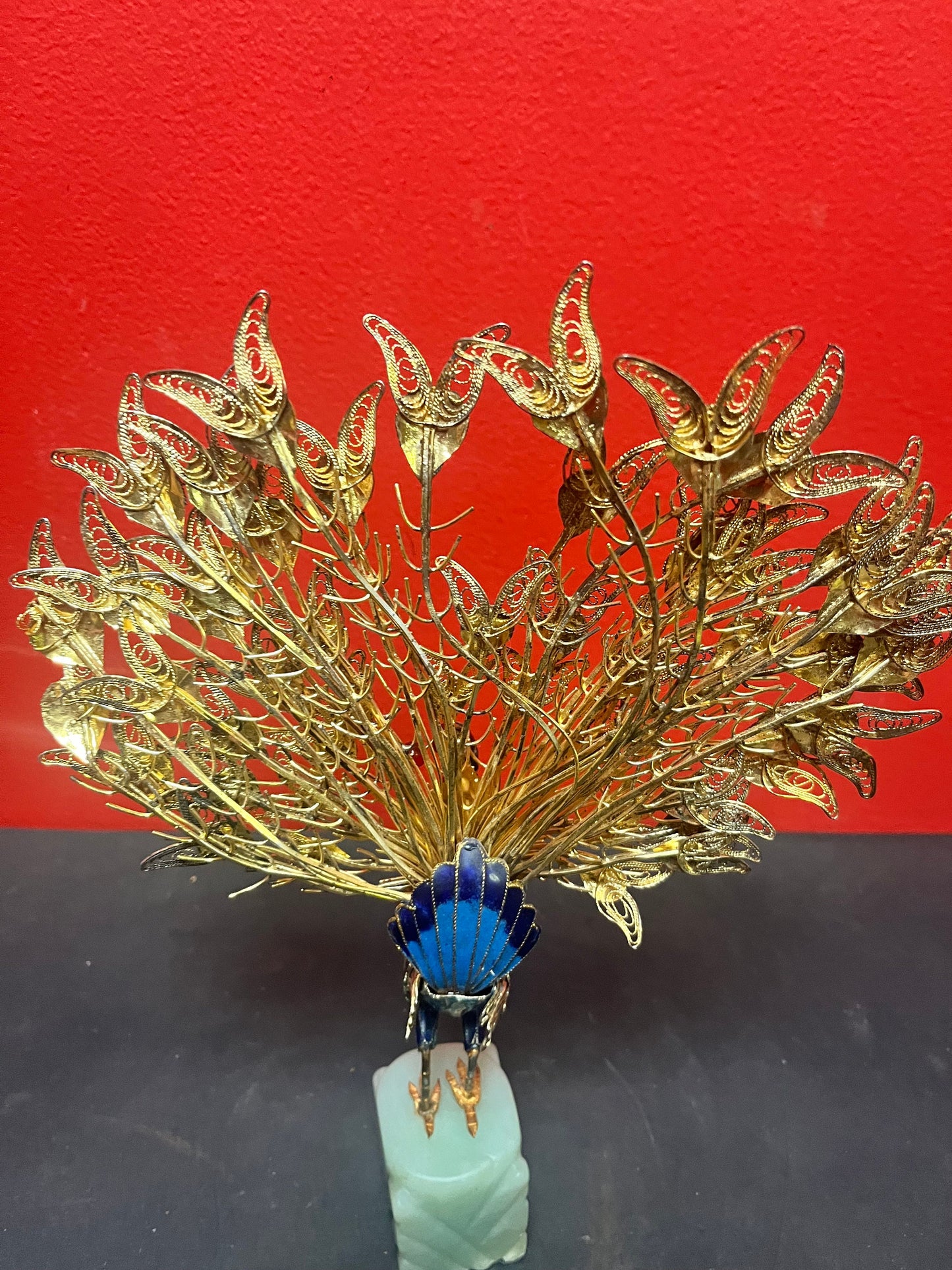 Stunning 12 inch tall Chinese older enamel gold filigree Peacock on Jade stand  little loose on base  wonderful detailing and condition