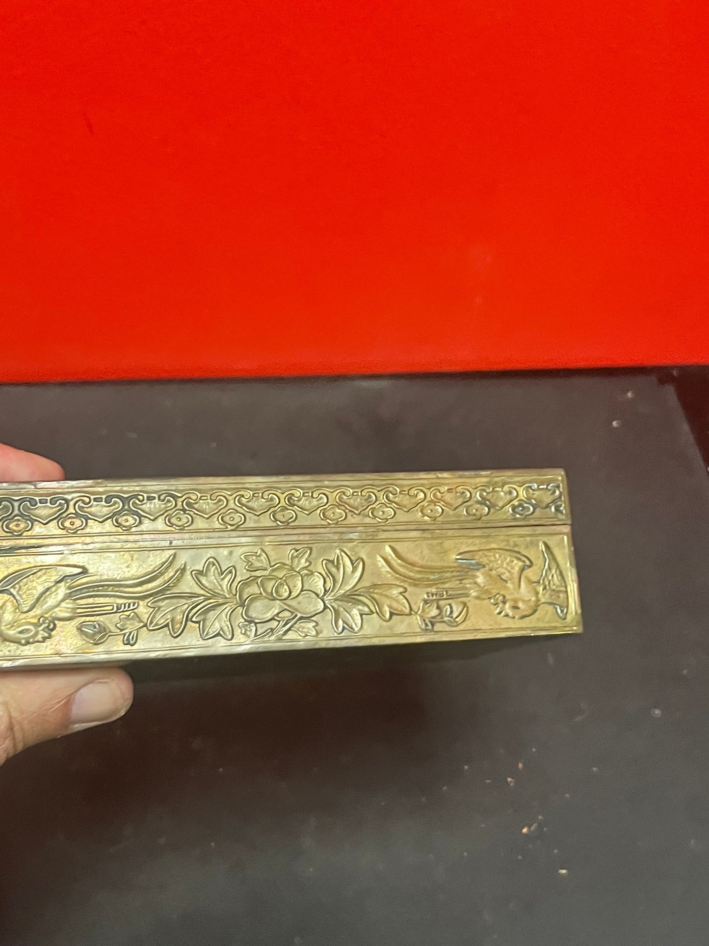 Fabulous 6 x 4 x 2 high antique Chinese brass box with dragons   wood lined  lovely patina  great gift