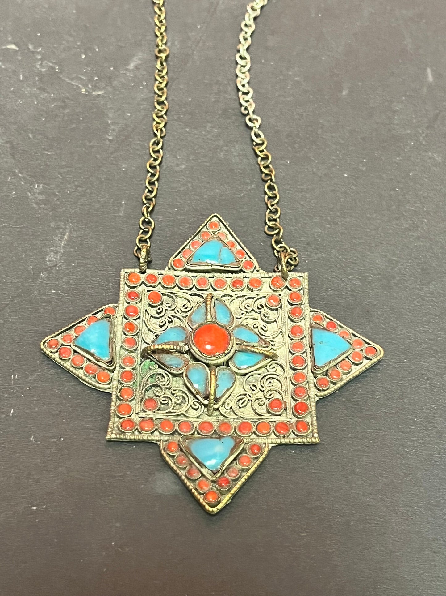 Stunning 4 inch antique Nepalese turquoise silver and coral pendant with part of chain  unbelievable quality