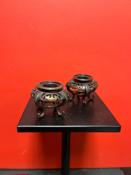 Stunning antique Chinese 3 x 2 wide Heavily carved rosewood stands  The most beautiful pair