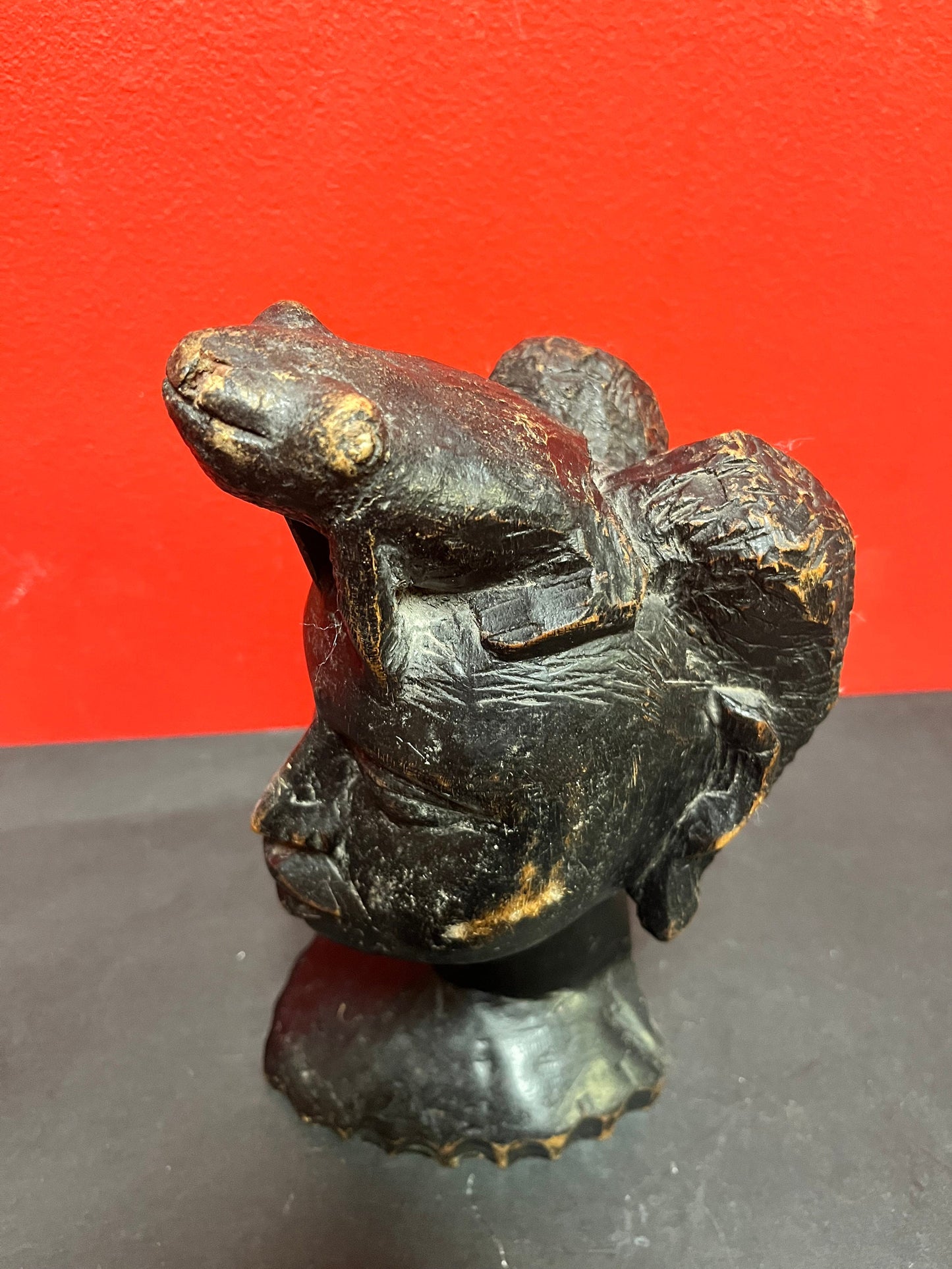 Wonderful museum quality 9 inch tall late 19th century signed  African bust of a woman with a frog upon her head  stunning patina  wow -