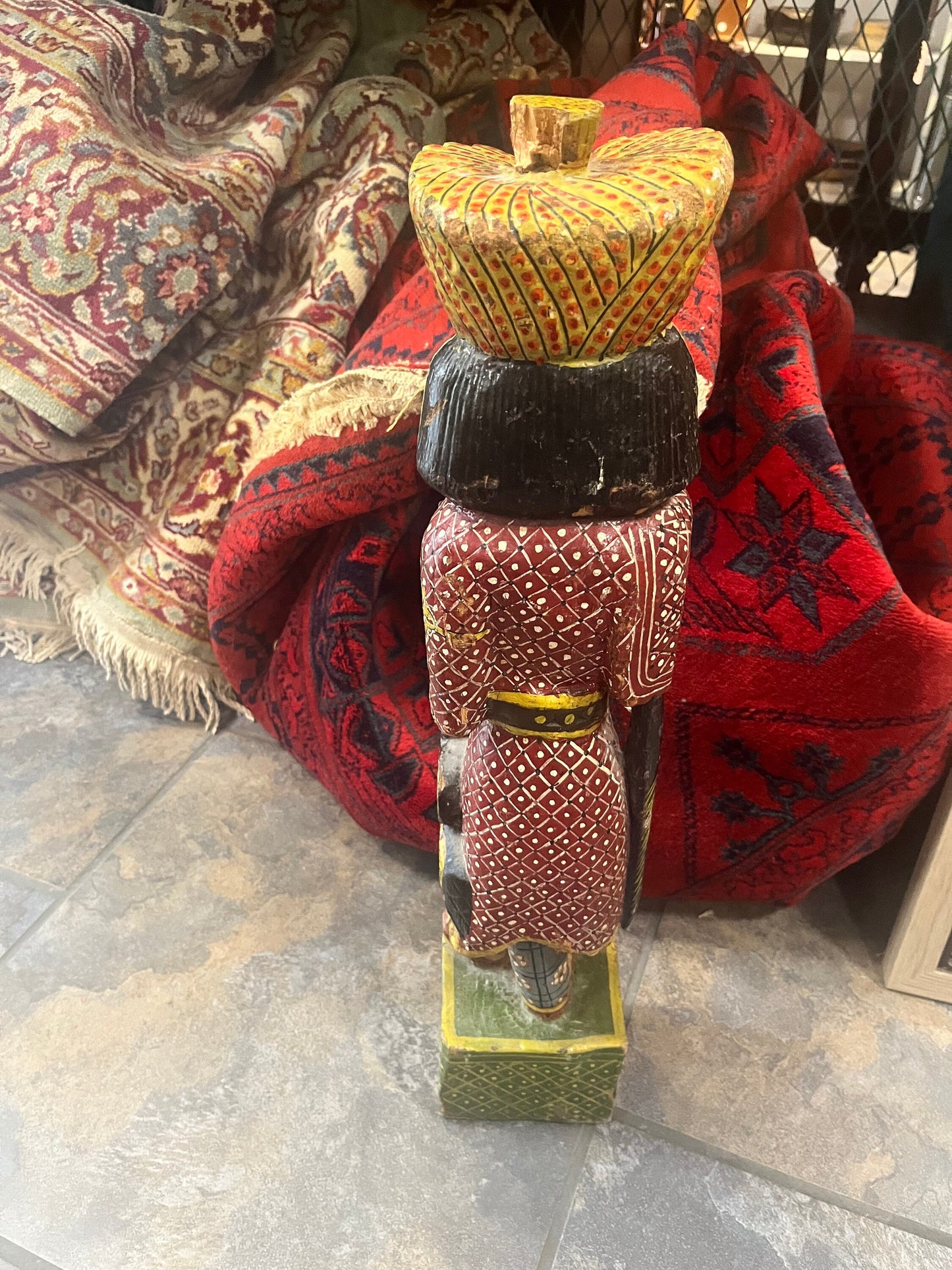 Stunning Kashmir polychrome painted antique wooden statue  amazing detail  chip on top