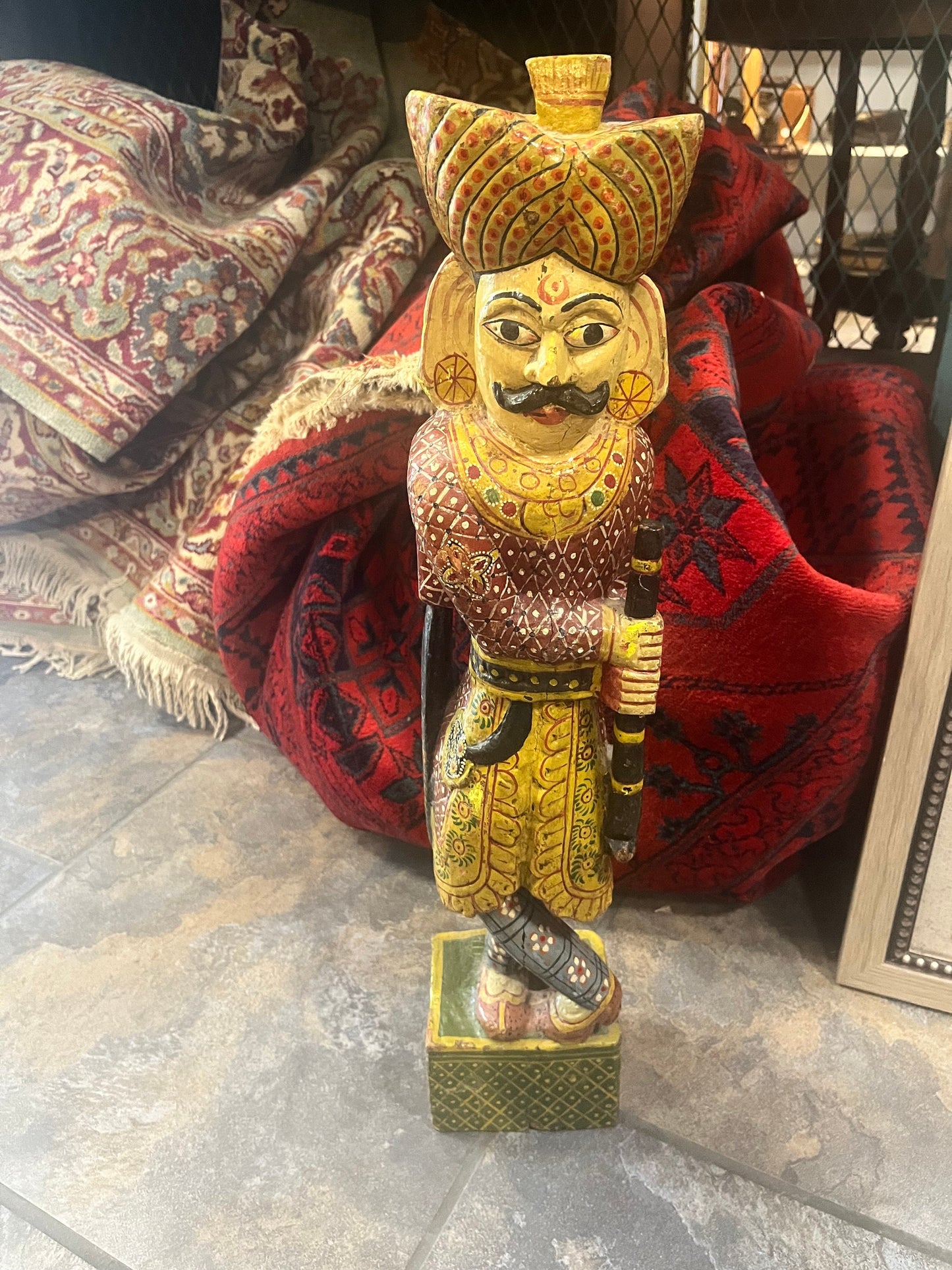 Stunning Kashmir polychrome painted antique wooden statue  amazing detail  chip on top