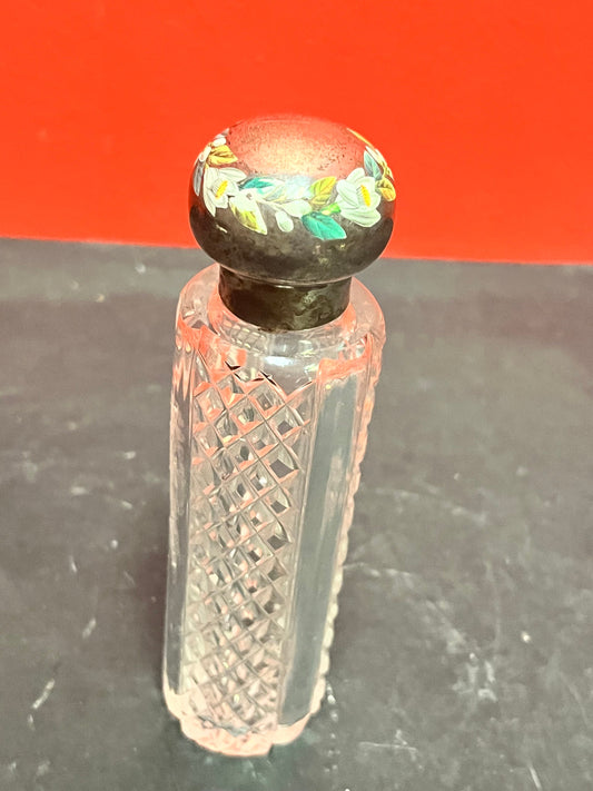 Beautiful 5 1/2 inch tall, antique crystal and silver top perfume bottle   London 1888  nice enamelling on top  great value