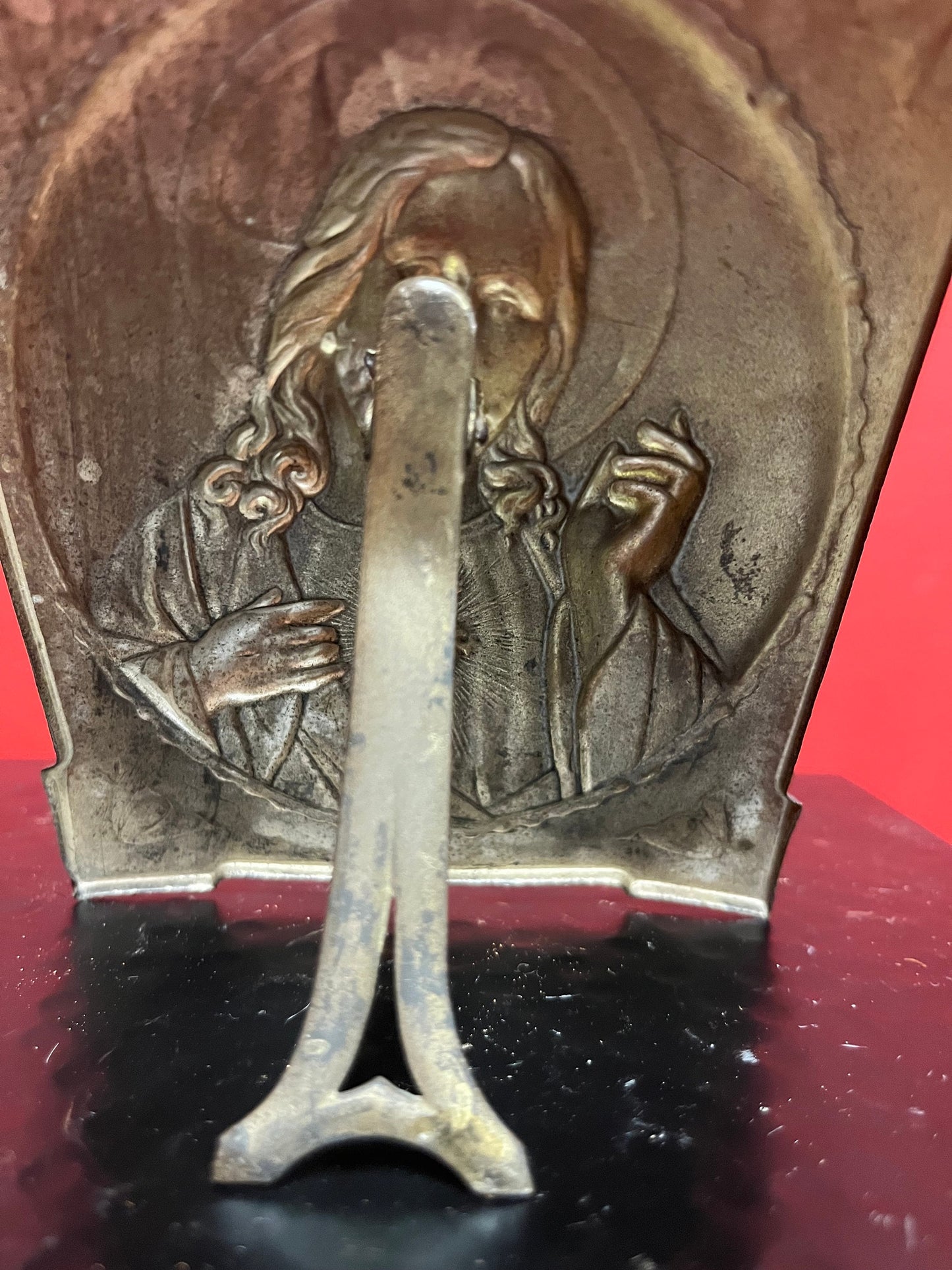 Lovely, religious arts and crafts metal European plaque  5 x 4  stands alone    Great gift