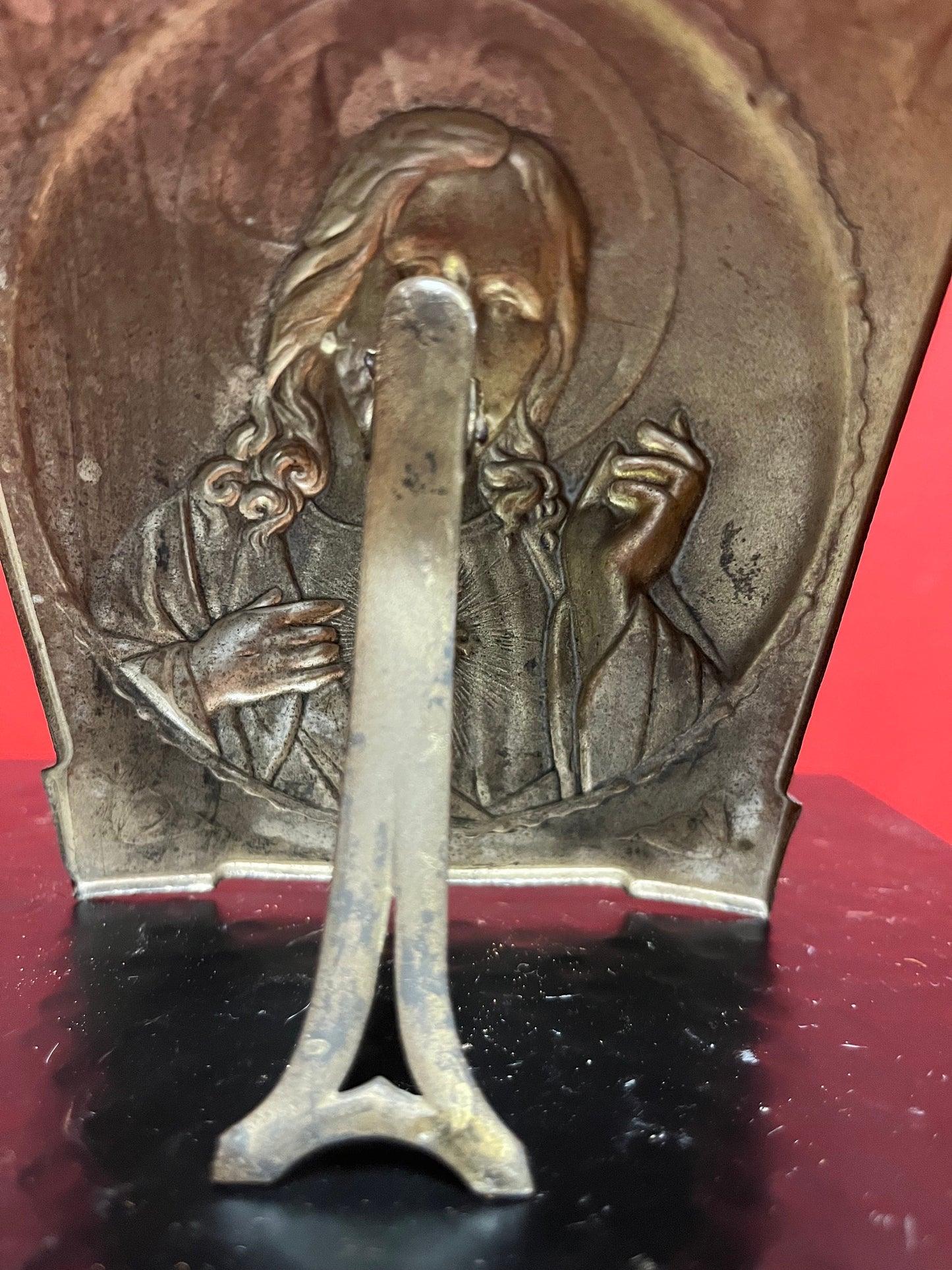 Lovely, religious arts and crafts metal European plaque  5 x 4  stands alone    Great gift