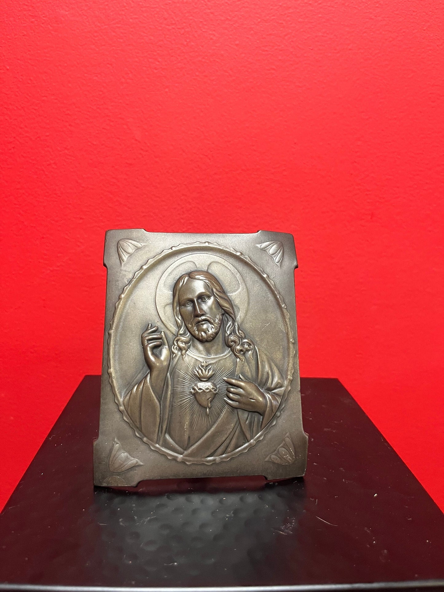 Lovely, religious arts and crafts metal European plaque  5 x 4  stands alone    Great gift