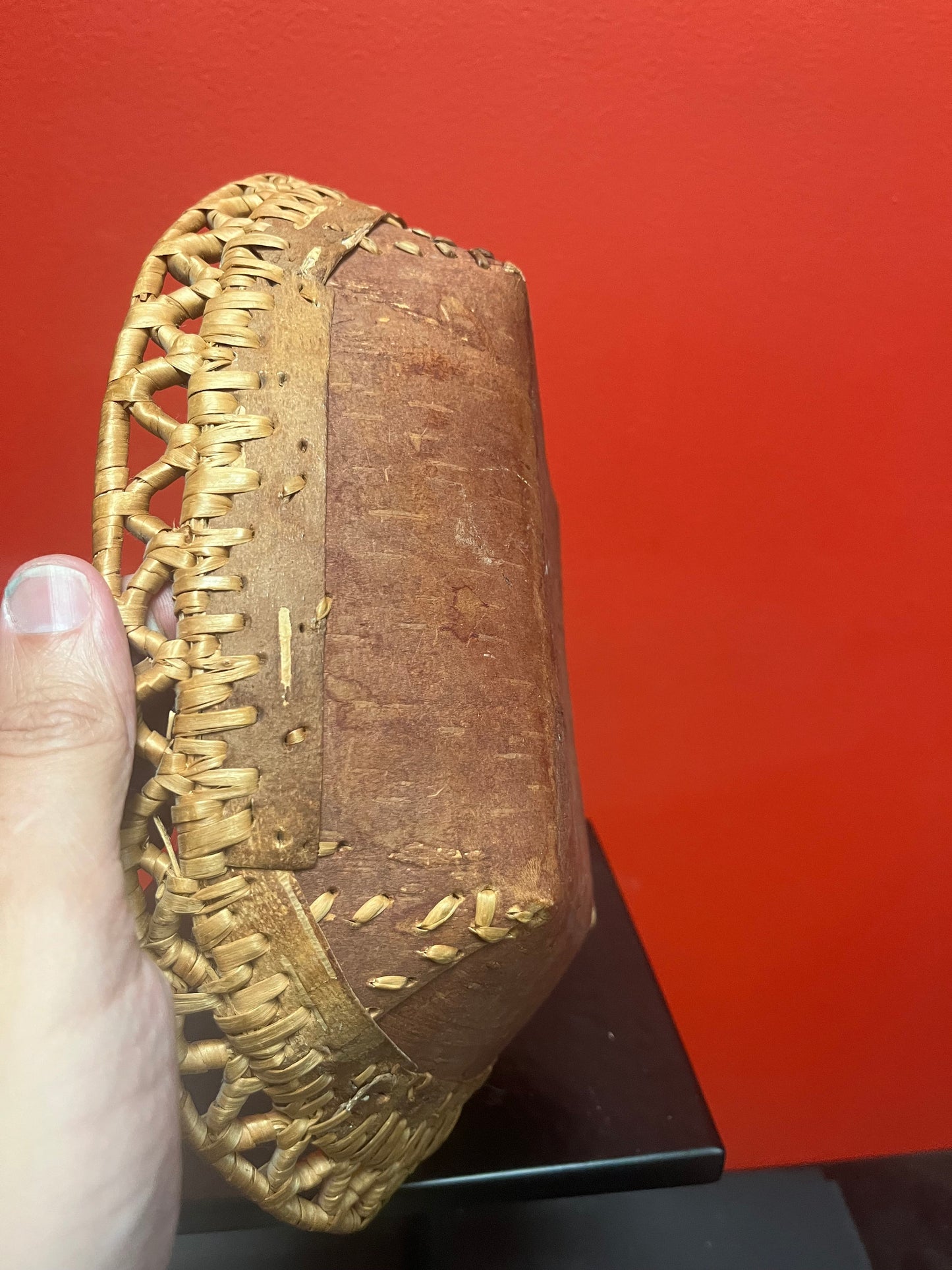 Lovely 12 x 9 x 4 high Canadian indigenous first nations Cedar bark basket with amazing lattice work  unusual, and good condition