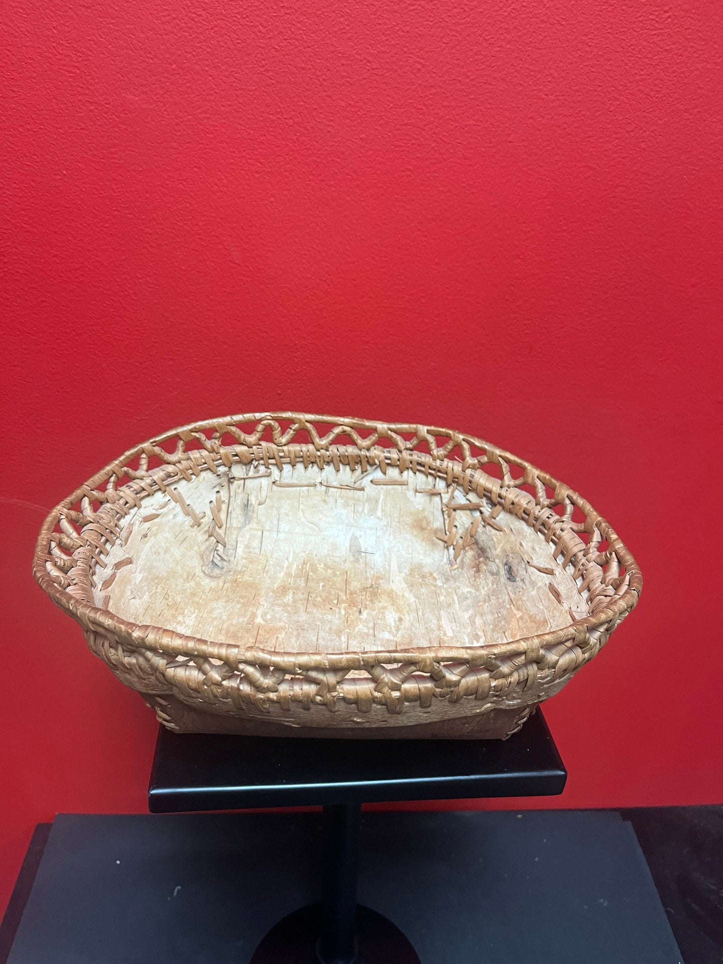 Lovely 12 x 9 x 4 high Canadian indigenous first nations Cedar bark basket with amazing lattice work  unusual, and good condition