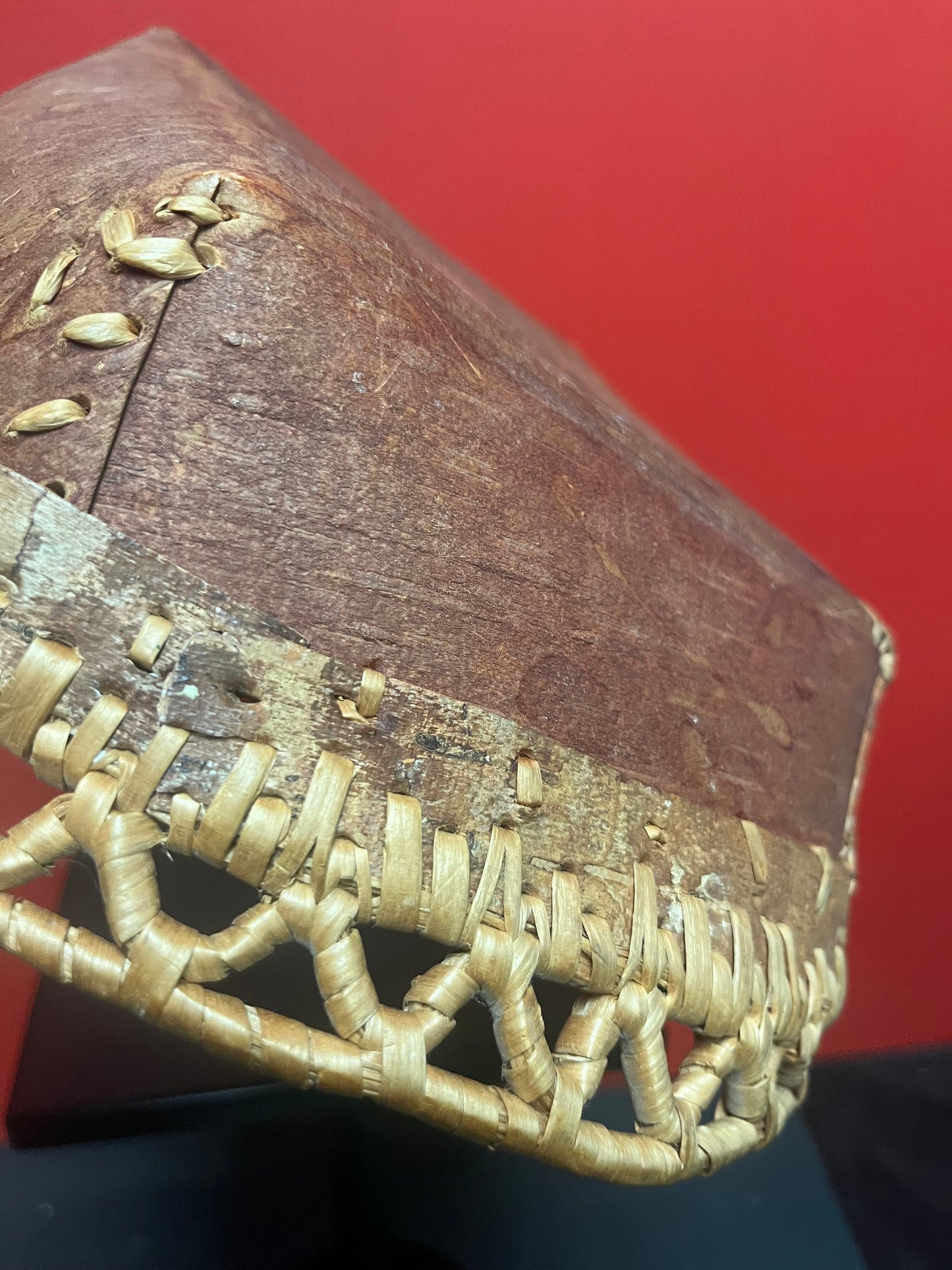 Lovely 12 x 9 x 4 high Canadian indigenous first nations Cedar bark basket with amazing lattice work  unusual, and good condition