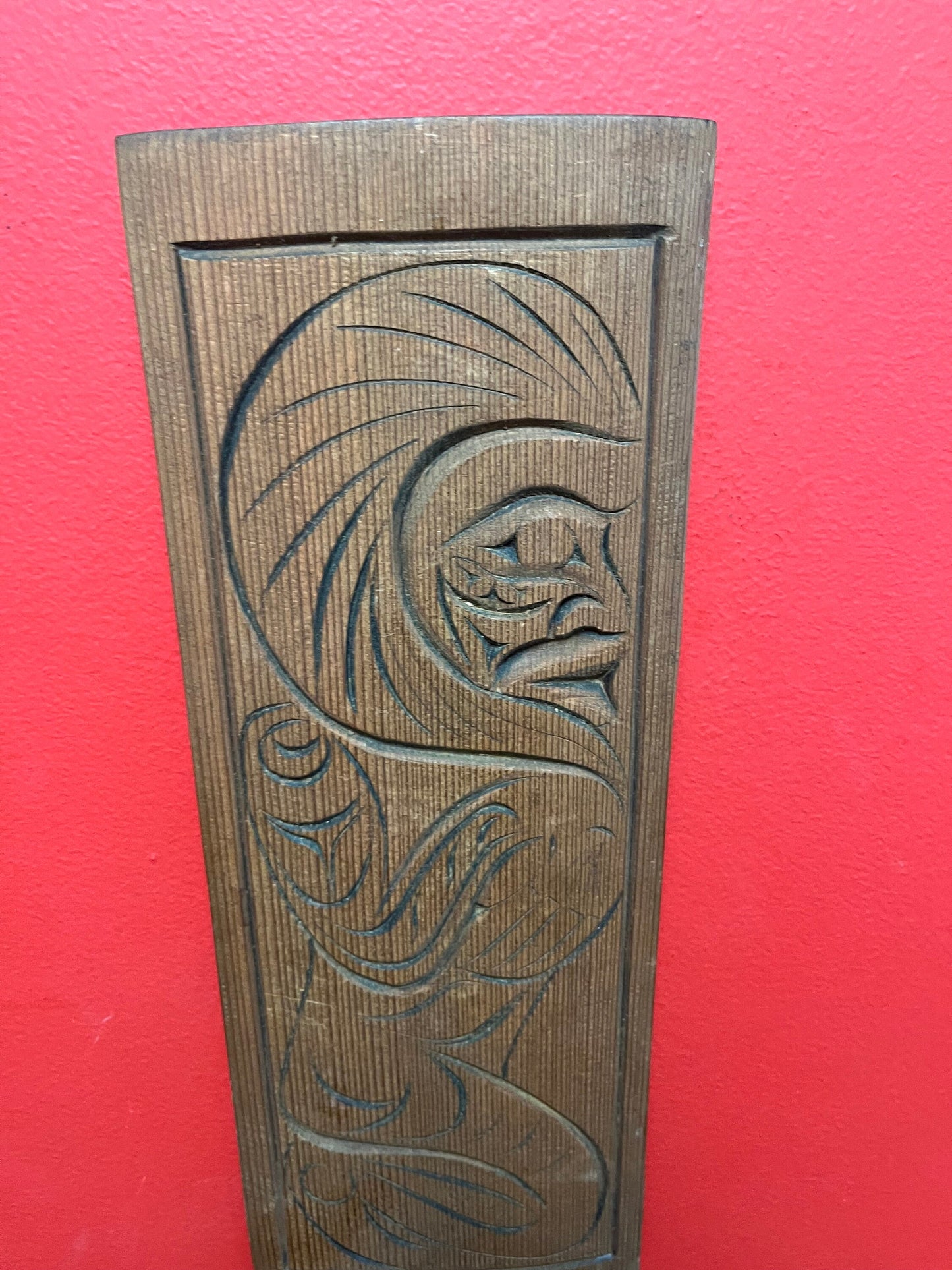 15 x 5 1/2 indigenous first nations Pacific Northwest coast wild man plaque by Stephen Charlie  unique imagery