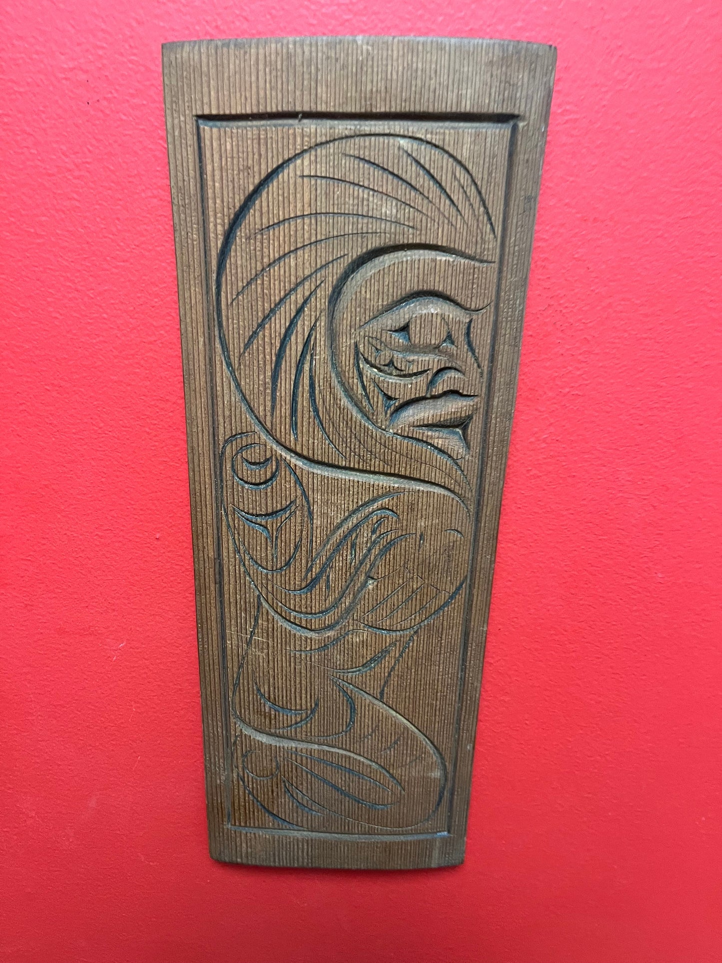 15 x 5 1/2 indigenous first nations Pacific Northwest coast wild man plaque by Stephen Charlie  unique imagery